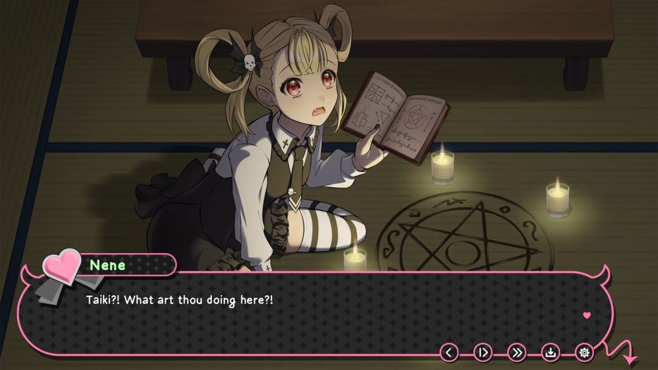 Nene looks up, holding a book with ritualistic drawings on the floor that suggest she is trying to summon something.