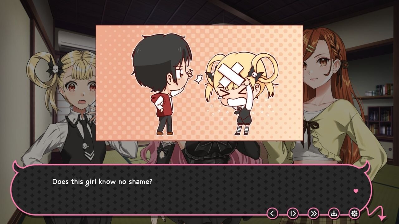 Chibi character artwork shows the protagonist striking Nene, while the other girls ask if she knows no s hame.