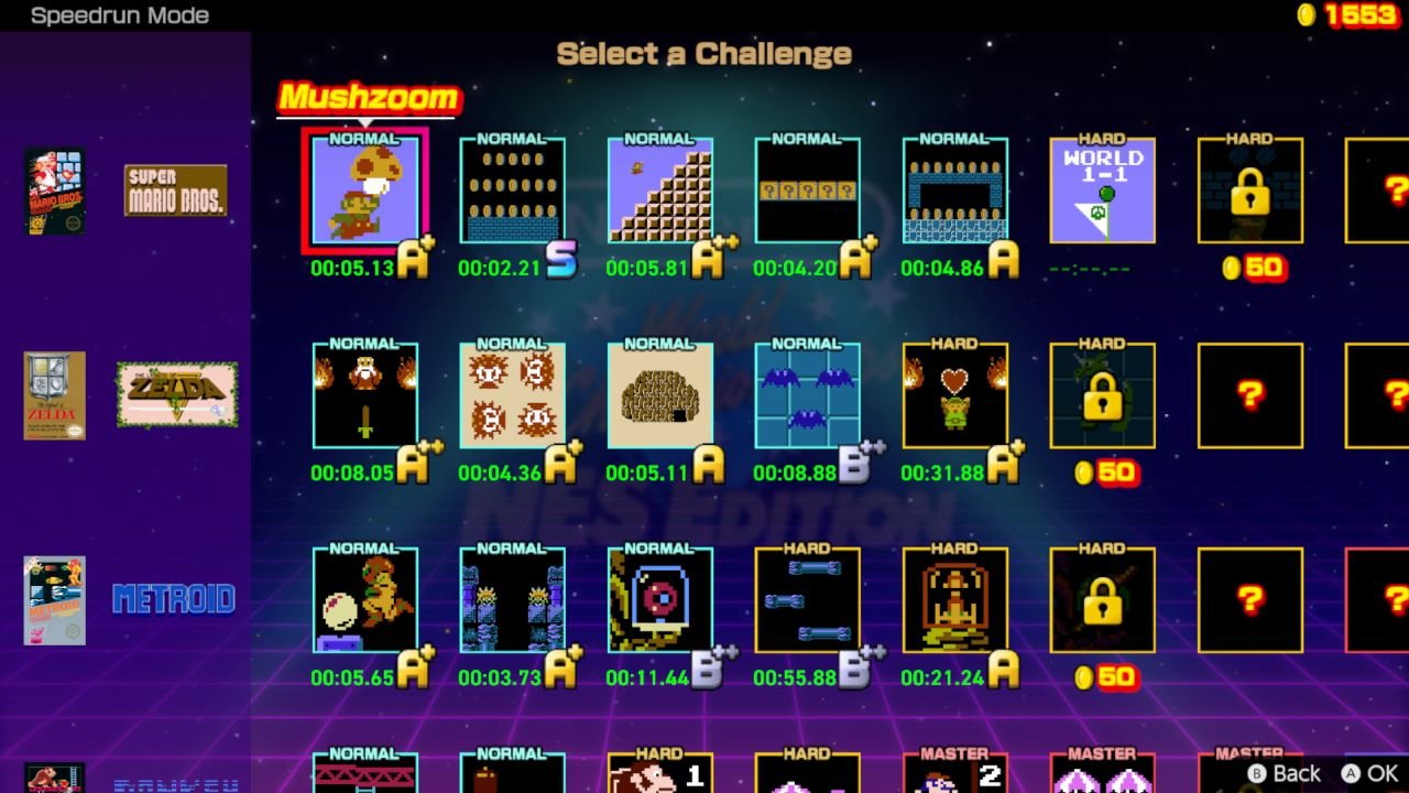 An image showing the game interface, with rows of challenges for games like Super Mario Bros. and The Legend of Zelda.