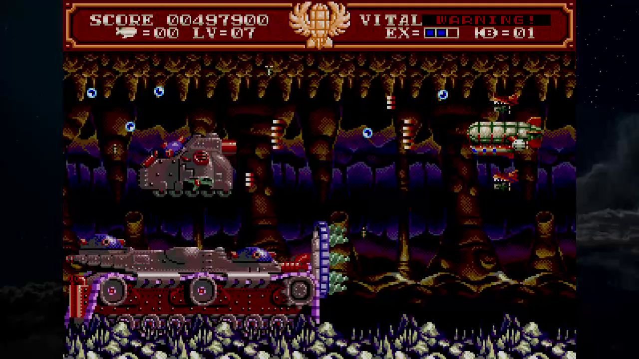 In Steel Empire, the blimp flies left, firing lasers at an airborne battleship.