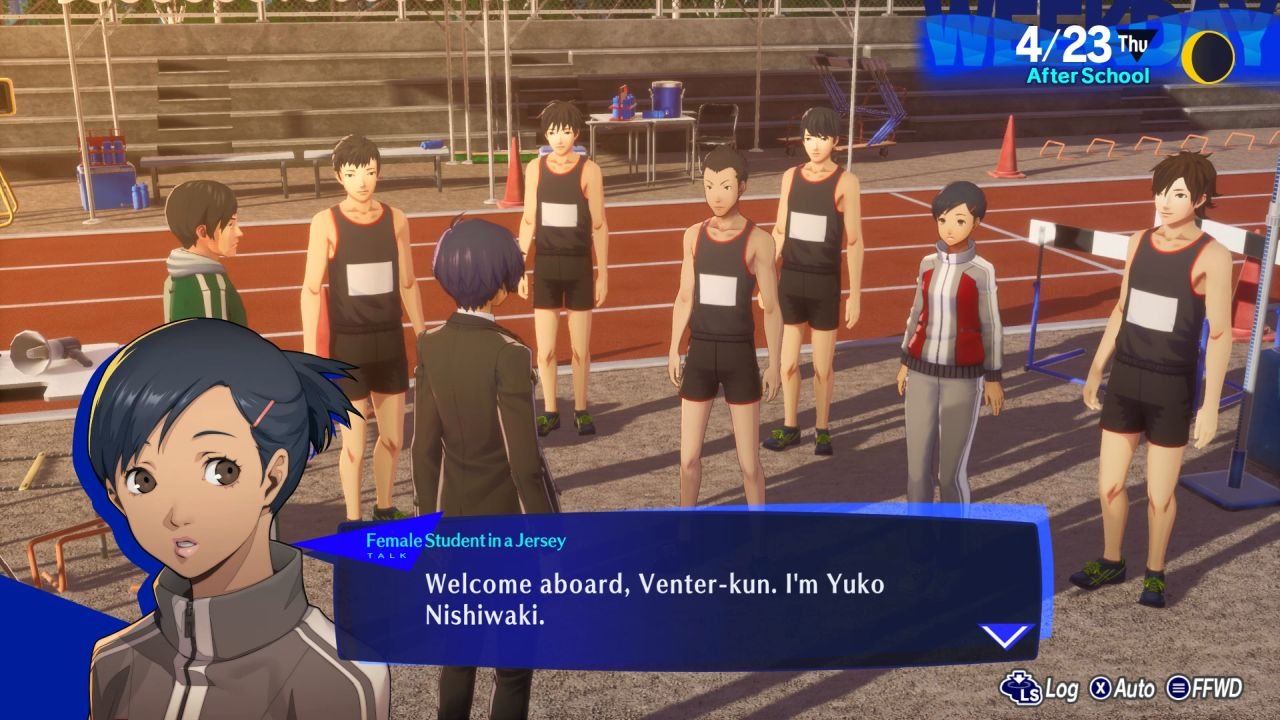 Standing in the middle of guys from the track team, Yuko welcomes the player character.