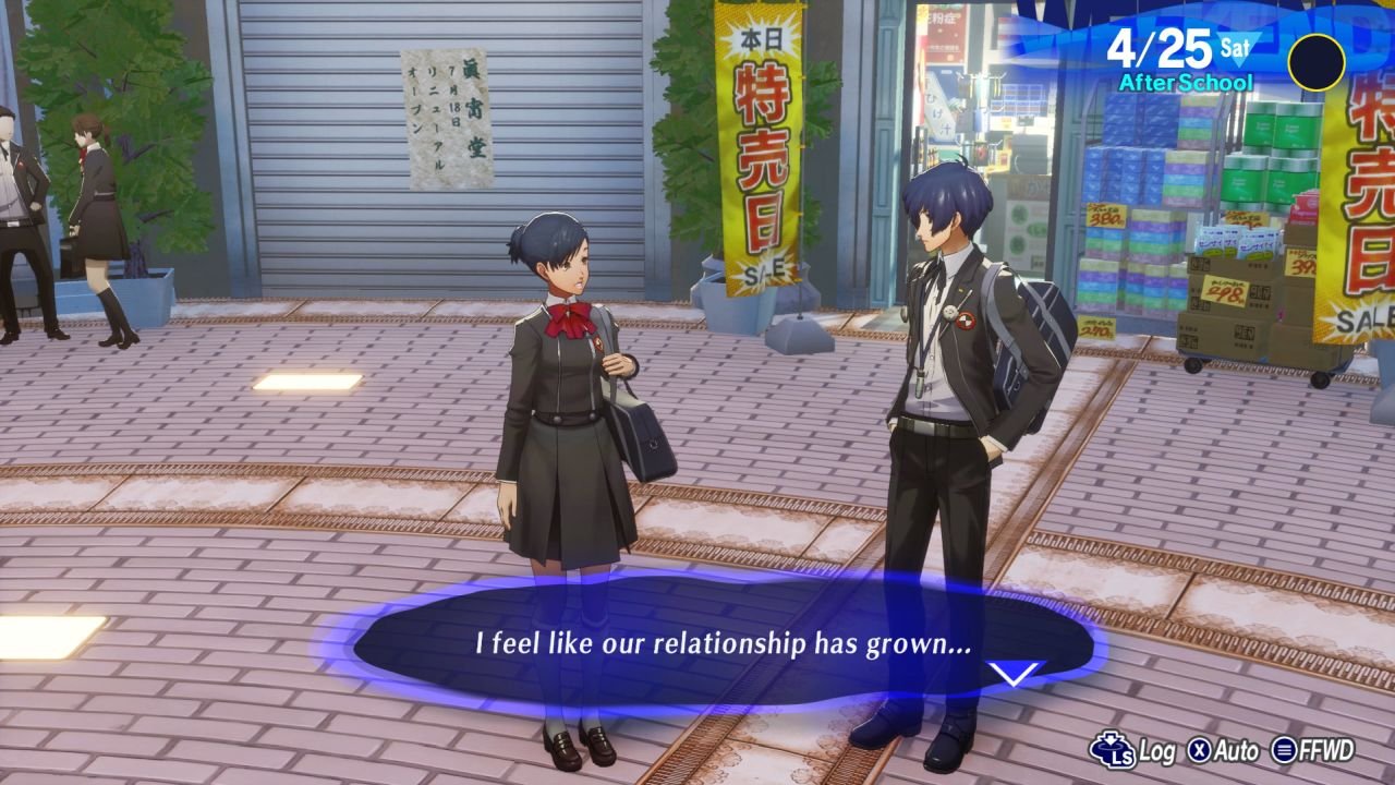 The player character talks to Yuko in the shopping area, noting that their relationship has grown.