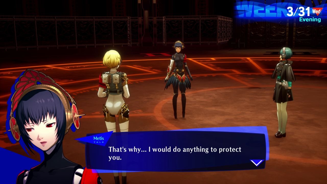 Aigis faces Metis in a dark environment, who says she would do anything to protect her.