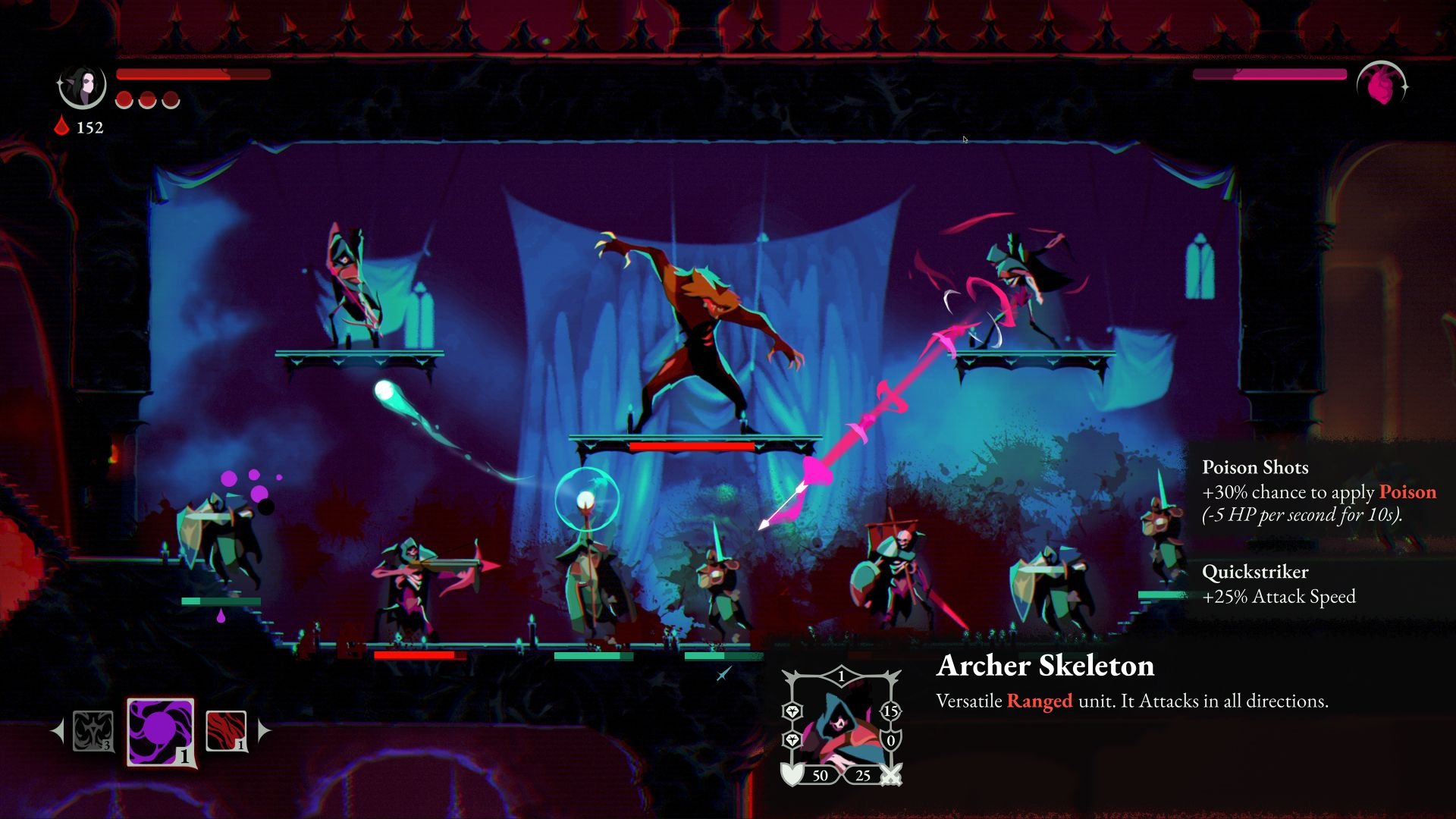 Dracula's archer skeleton minion stands on a ledge and pelts an invading hero with arrows.