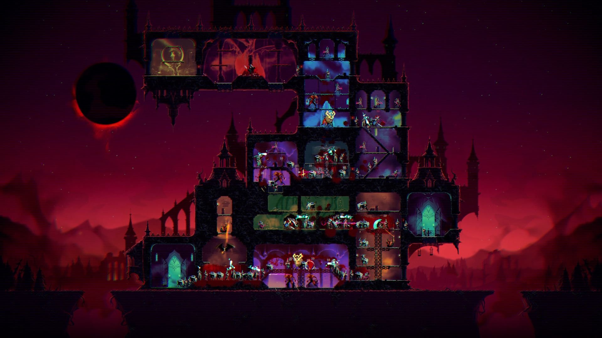 A view of Dracula's castle with connected rooms looms large against a red, hazy backdrop.