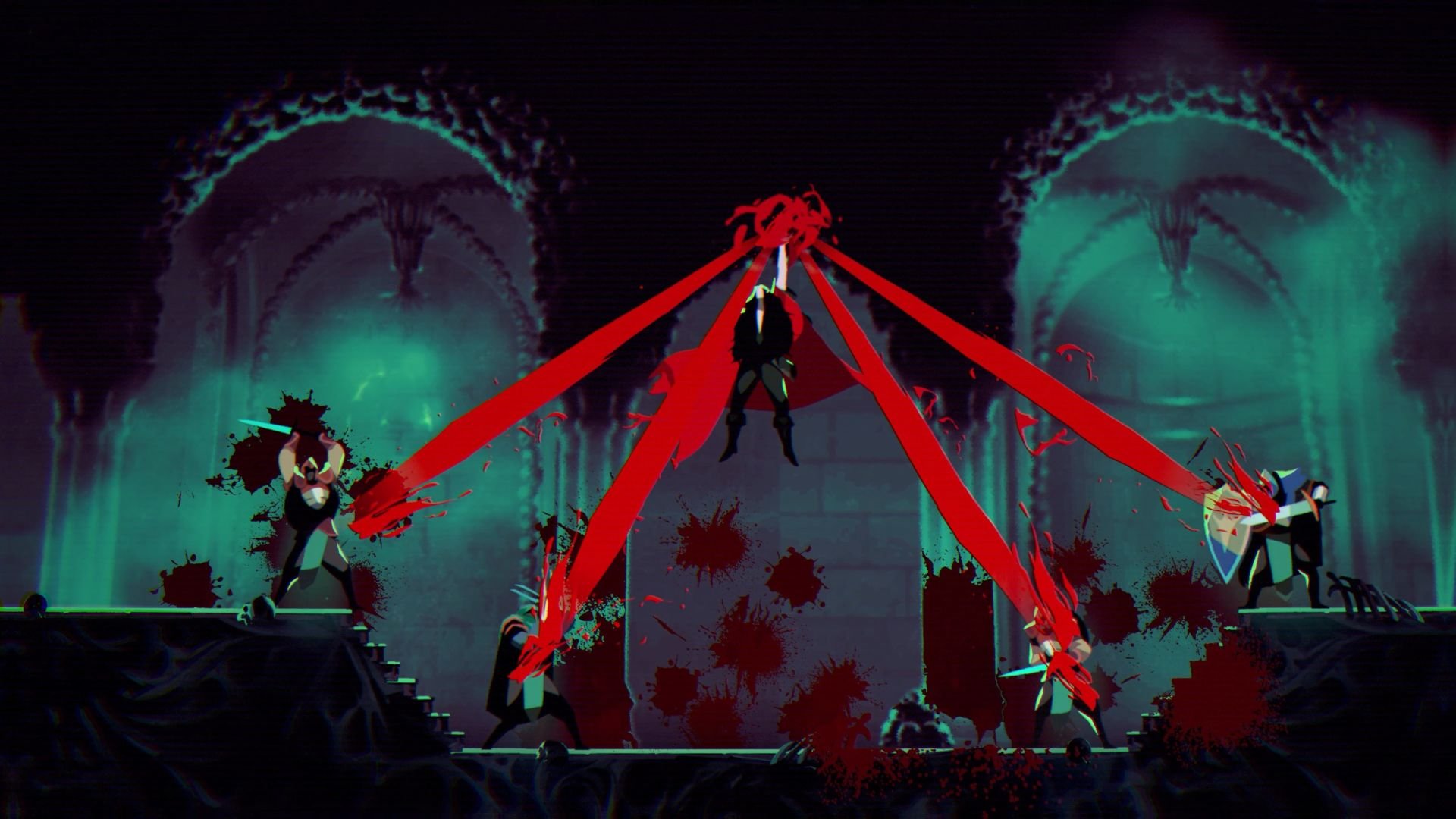 Dracula floats at the center of a room, with red lines connecting him to several invading heroes.