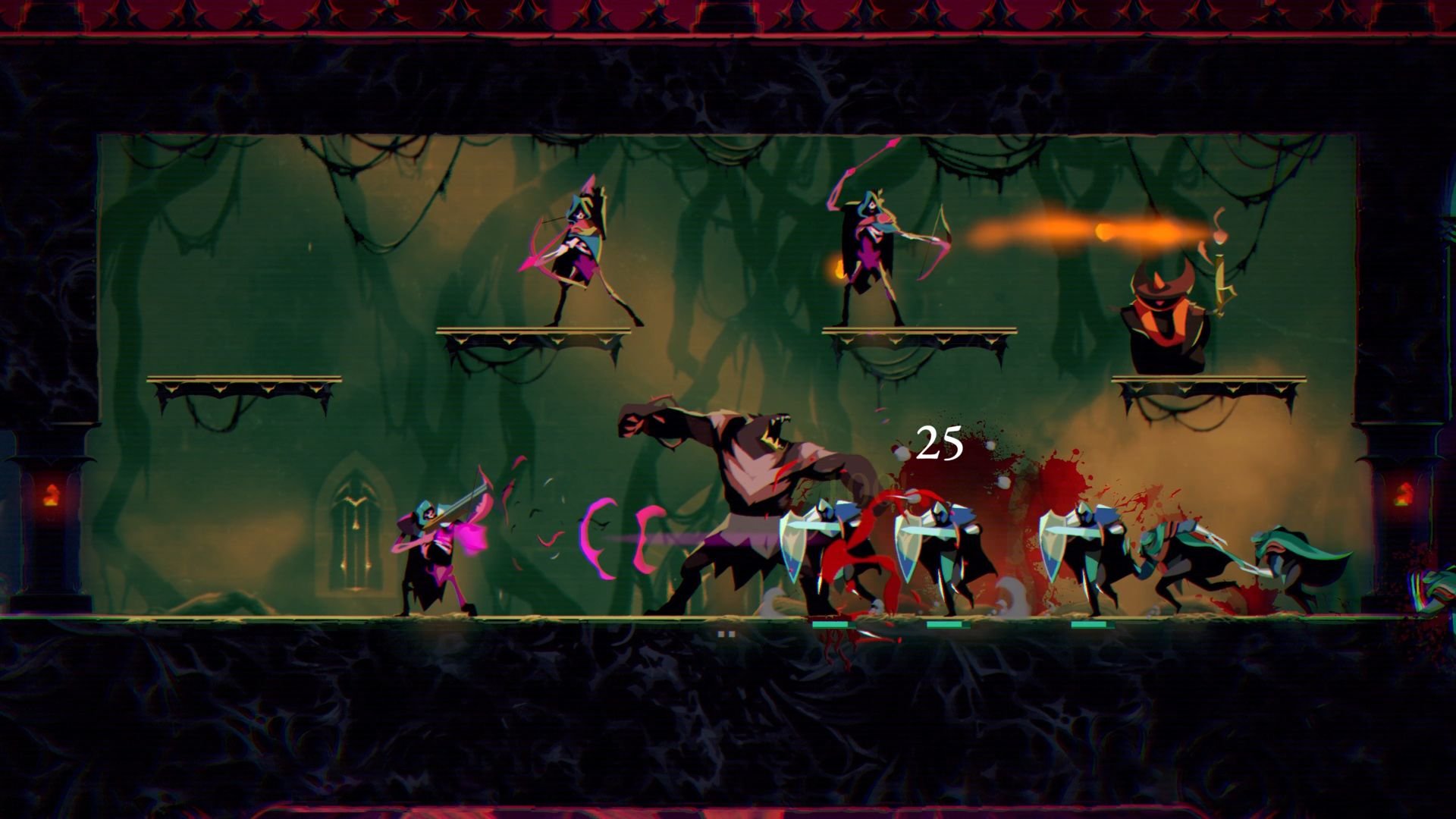Monsters and heroes do battle in a long corridor, and a bloody mist appears where two units converge.
