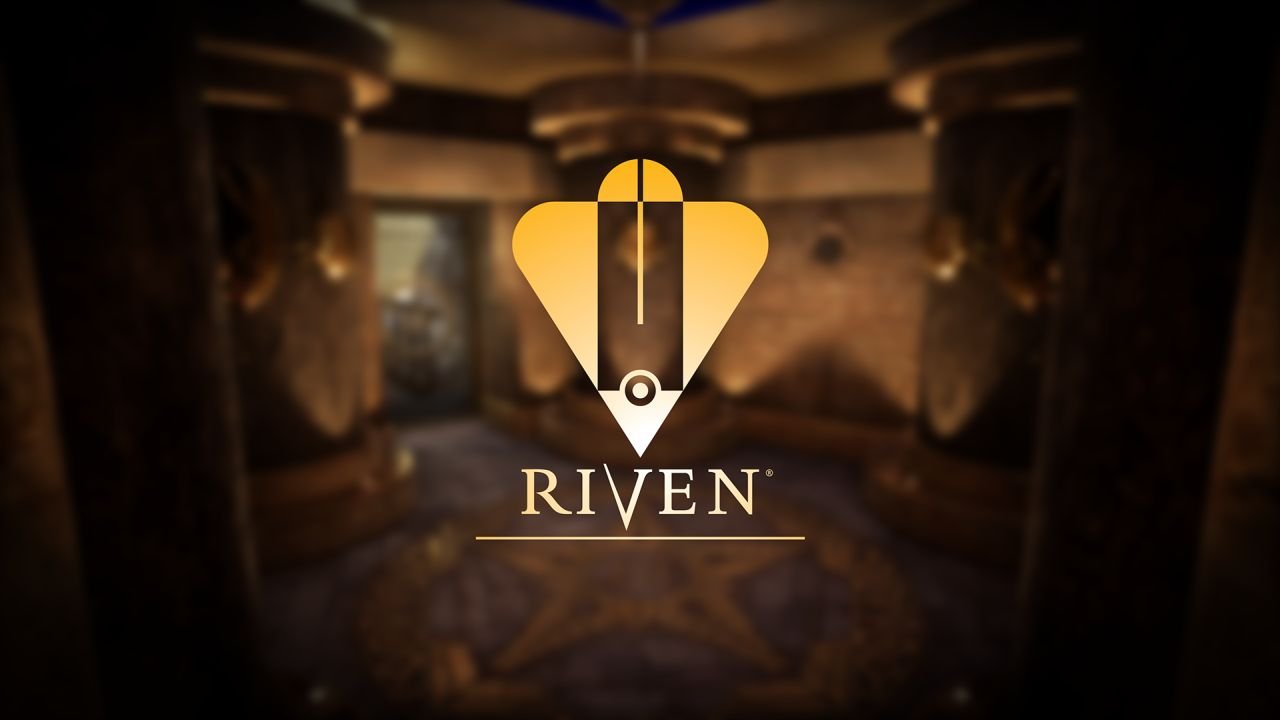 A golden emblem with the word 'Riven' below it, seen against a blurry interior background shot.