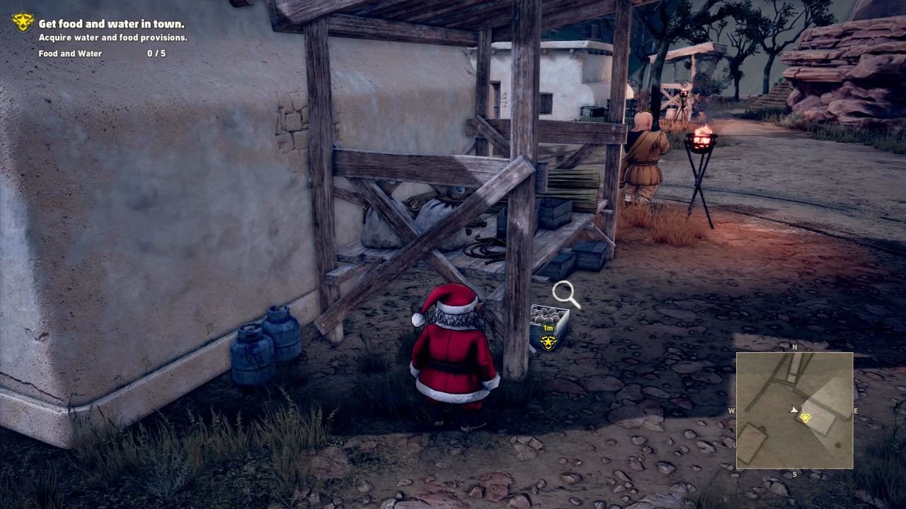 Dressed in a Santa suit and approaching some scaffolding, with an enemy standing on its far side.