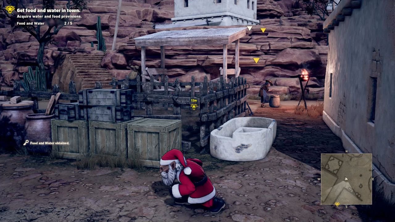 A demon is creeping along a fence and behind some crates while dressed in a Santa suit.