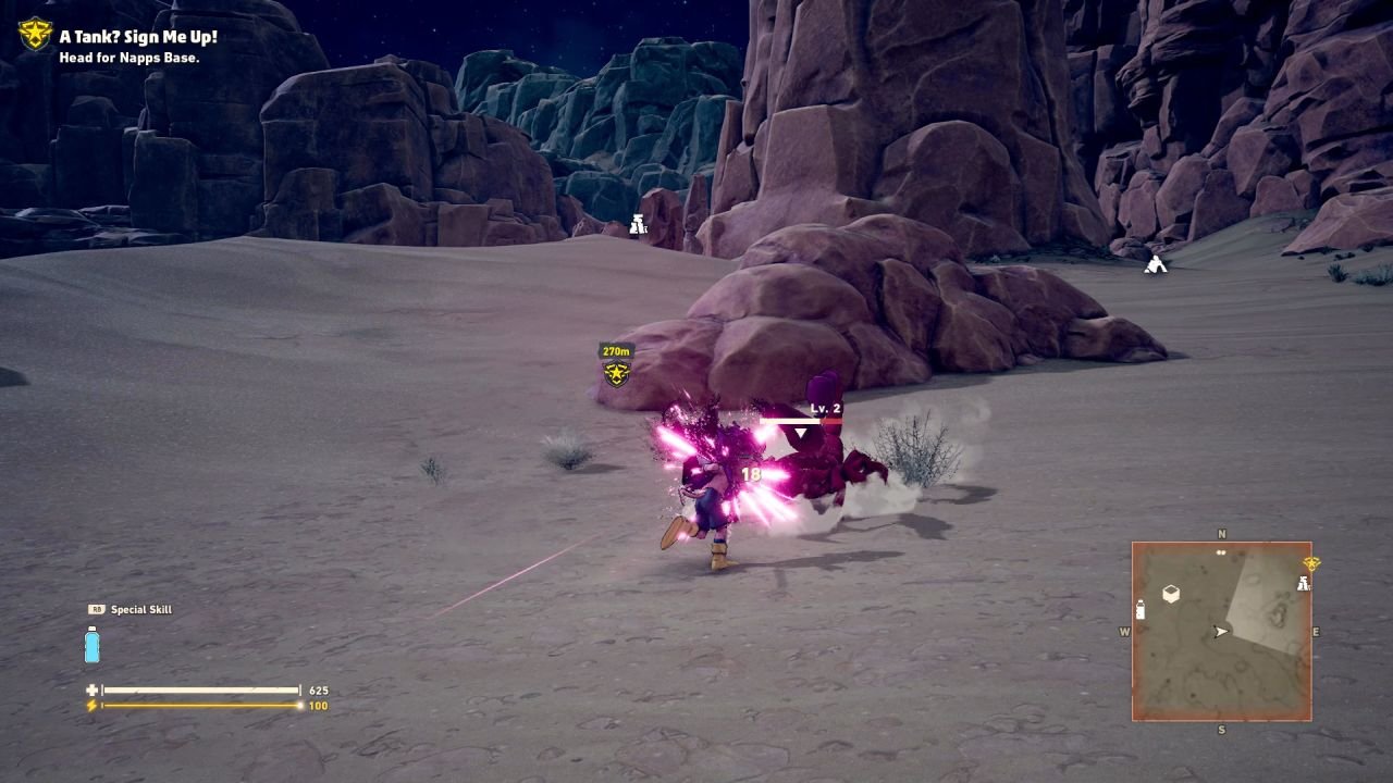 Battling a purple scorpion near the base of a rock formation in the desert.
