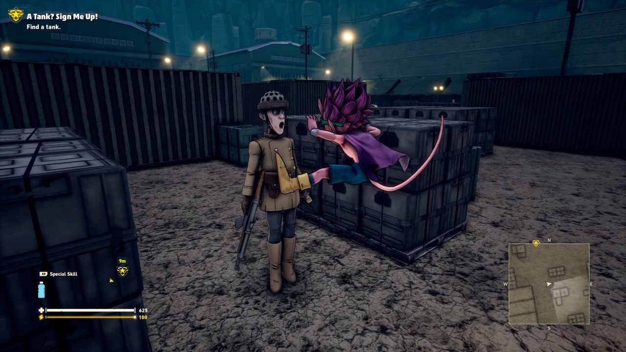 Between some crates, Beelzebub leaps toward a startled guard.