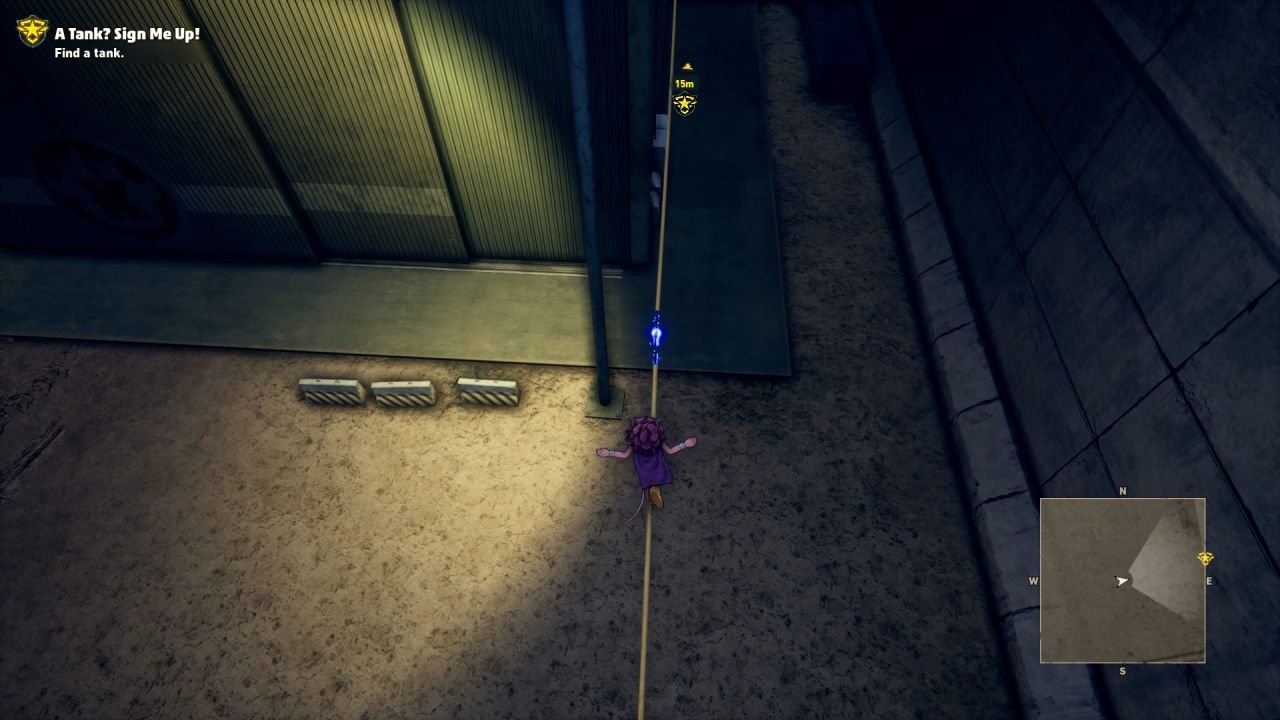 Beelzebub walks on a high wire over a warehouse area, approaching blue sparking energy.