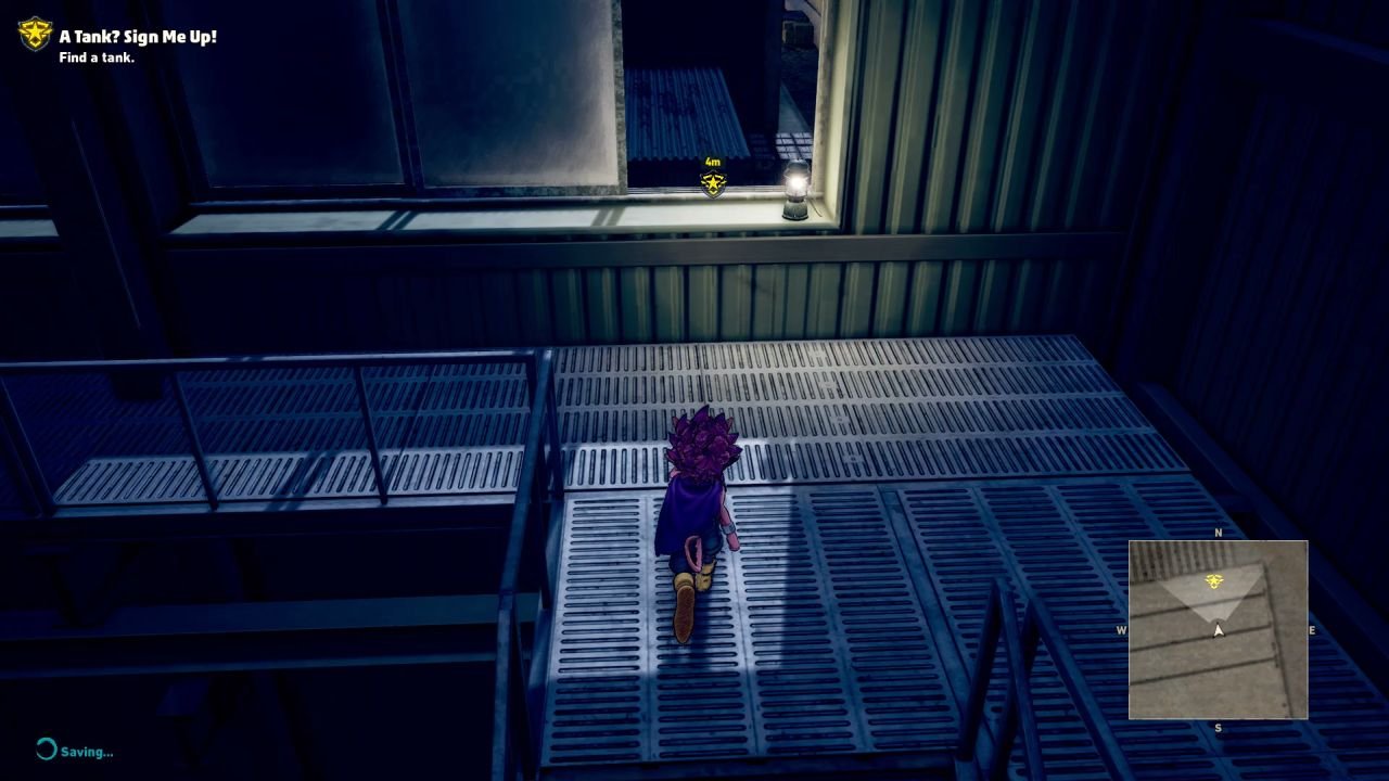 Beelzebub runs along a catwalk, toward a gap between him and more catwalk glimpsed through an open window pane.