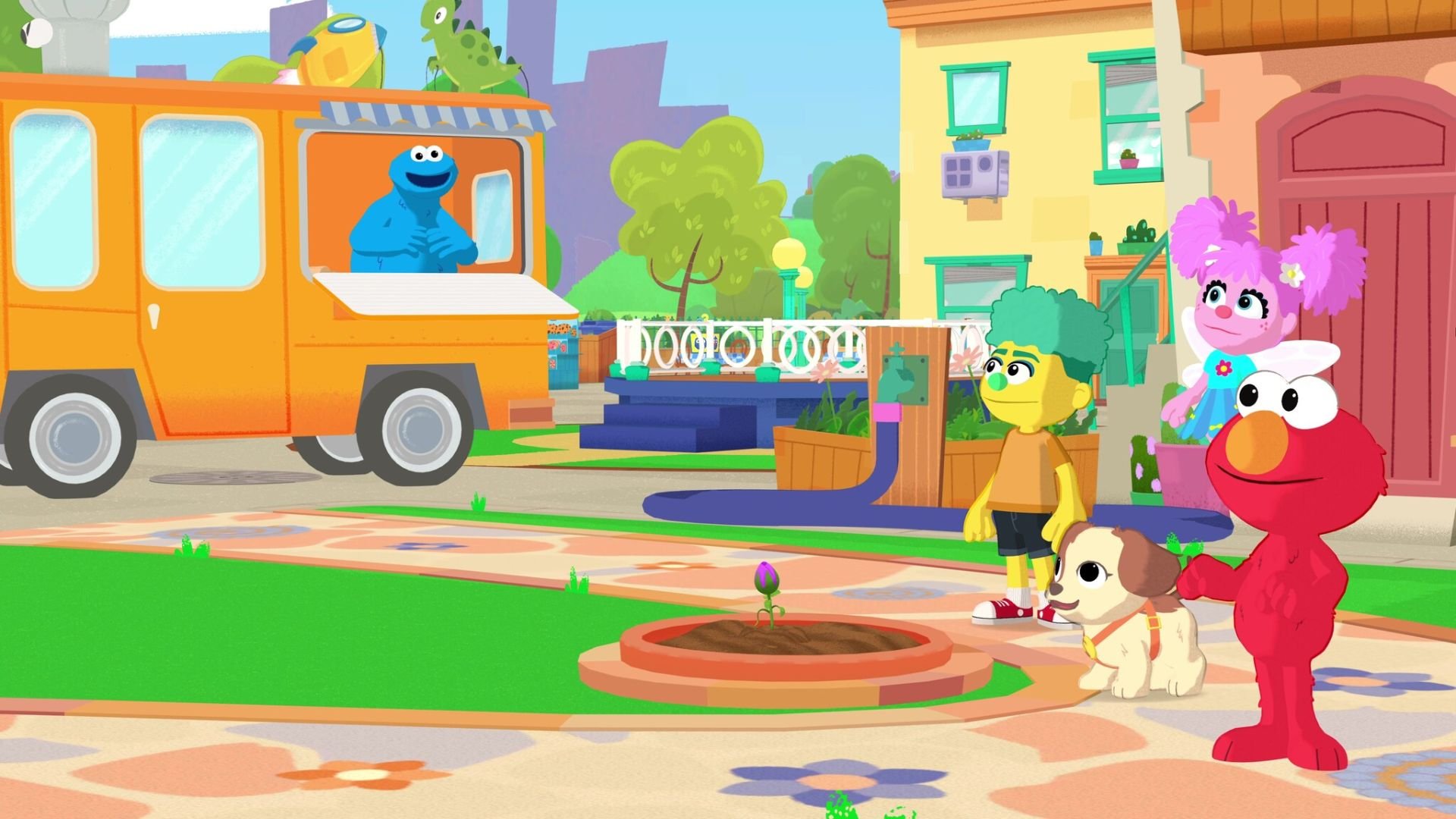 Puppets stand in a line, while in the distance, Cookie Monster watches with interest from his food truck.