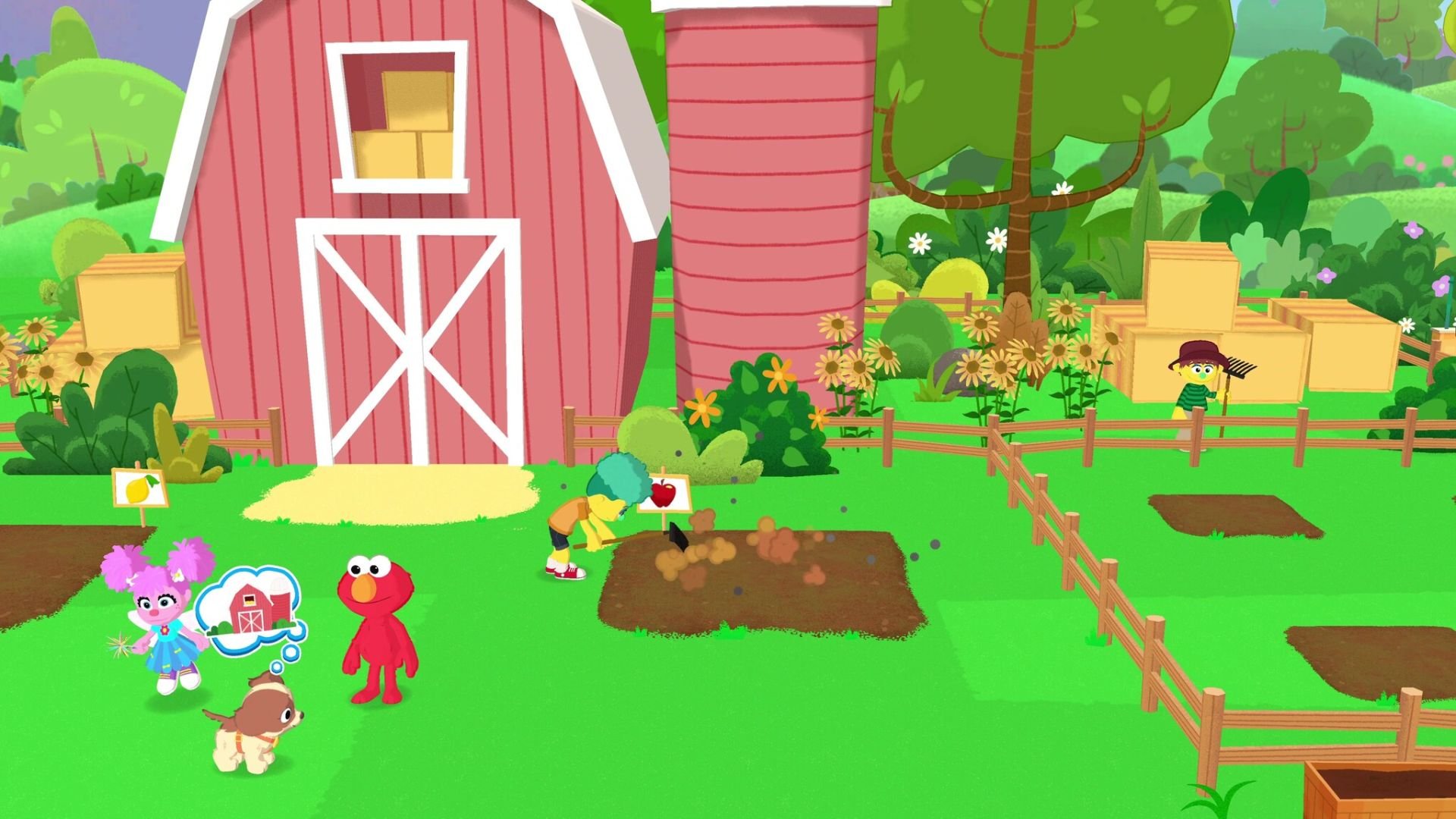 Elmo and friends are gathered on a farm in front of a barn, where a puppet hoes a patch of soil near the building.