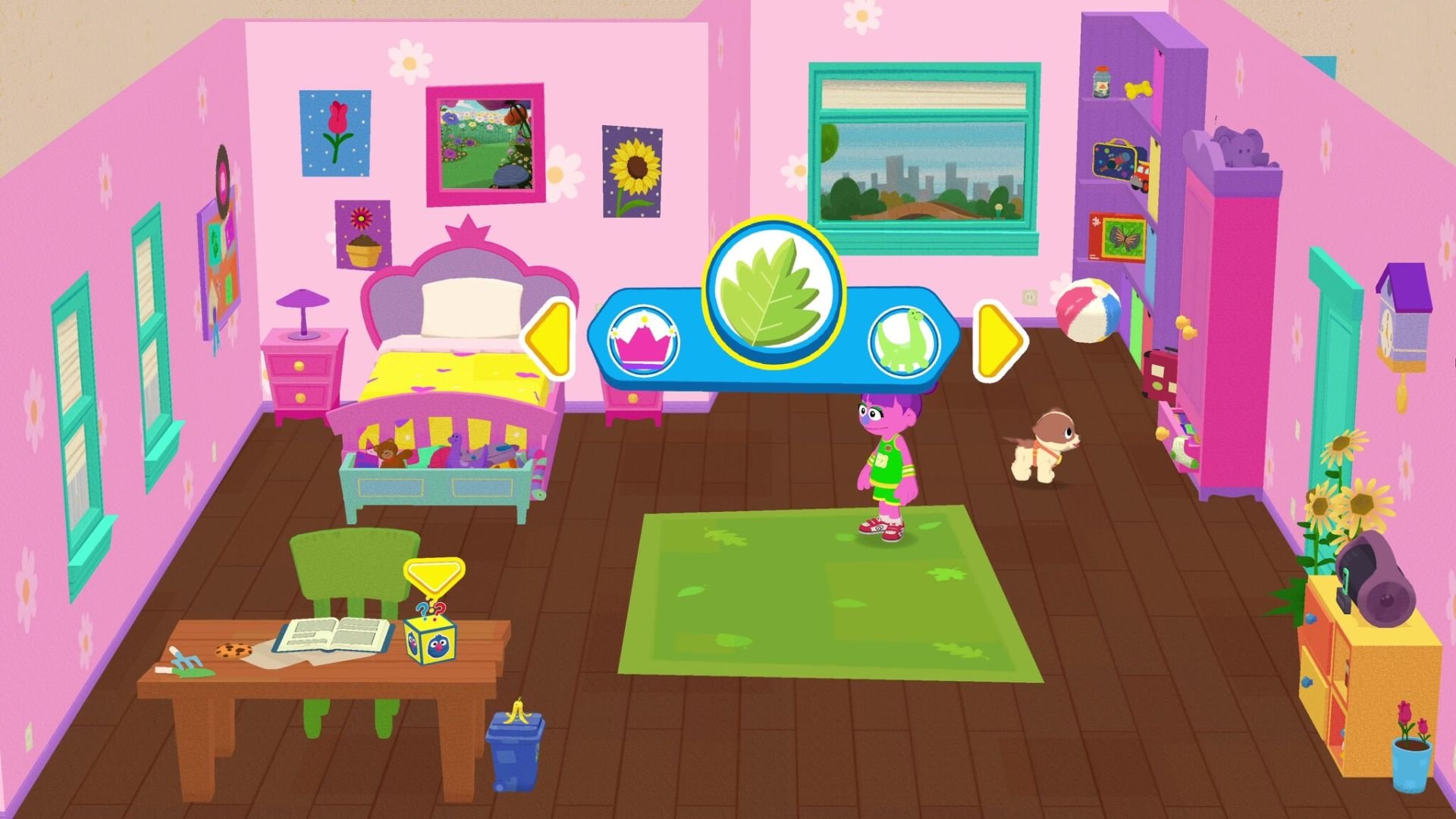 In a bedroom environment, a puppet stands next to a puppy and makes plans for decorating the space.