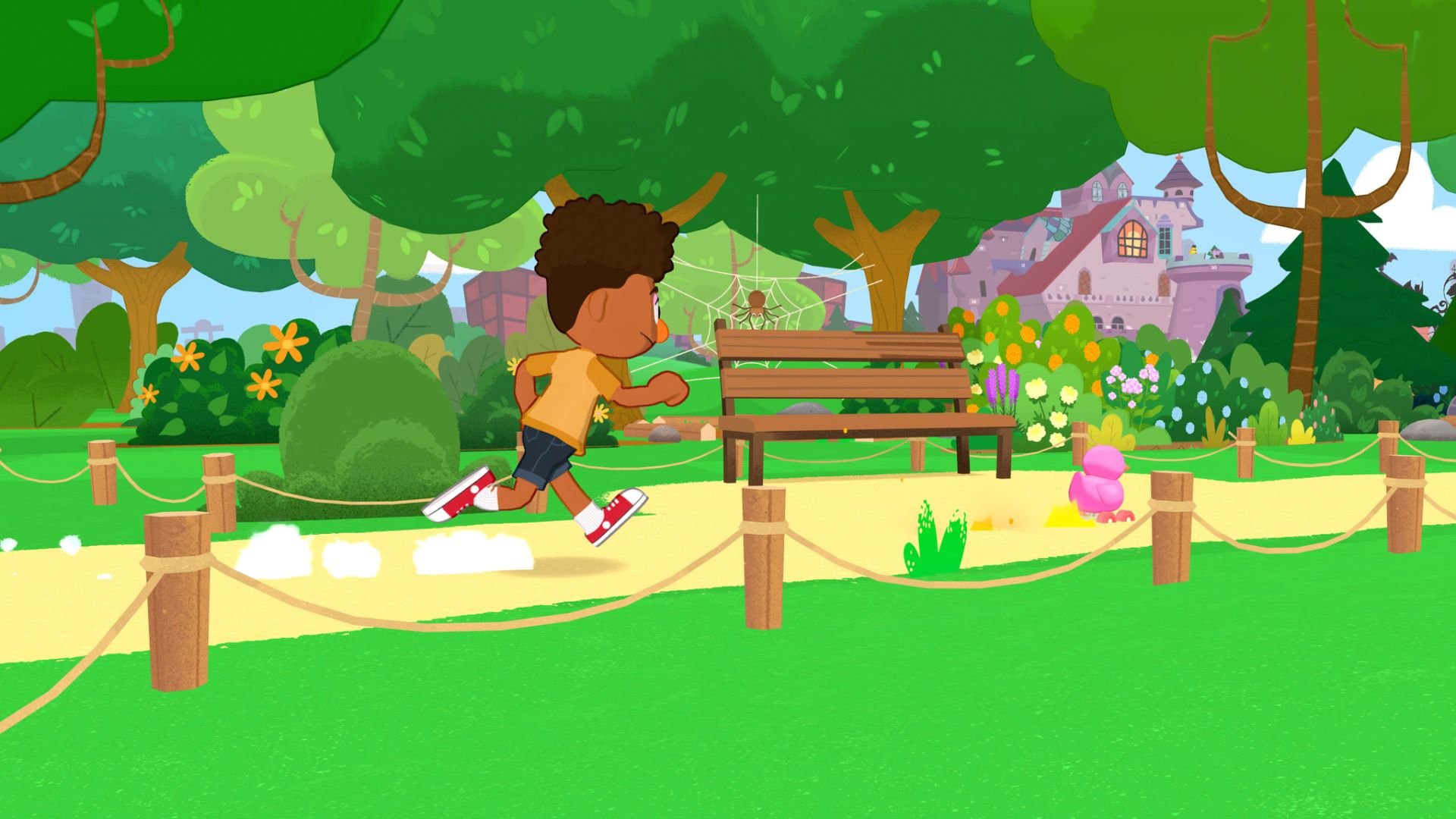 A puppet races along a trail in a grassy park environment with trees and a spider.