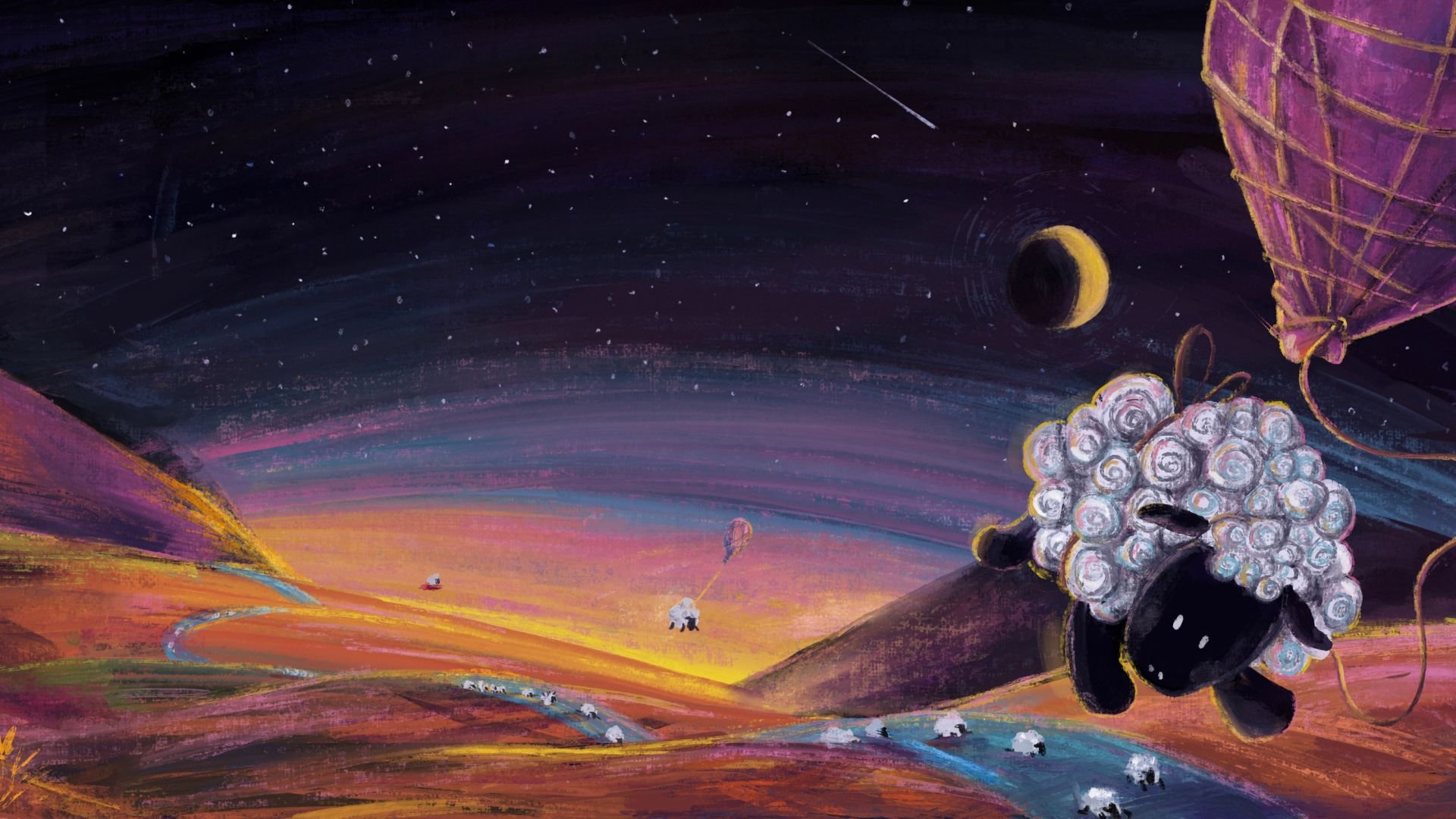 Sheeps key art features a cute sheep against an otherworldly backdrop