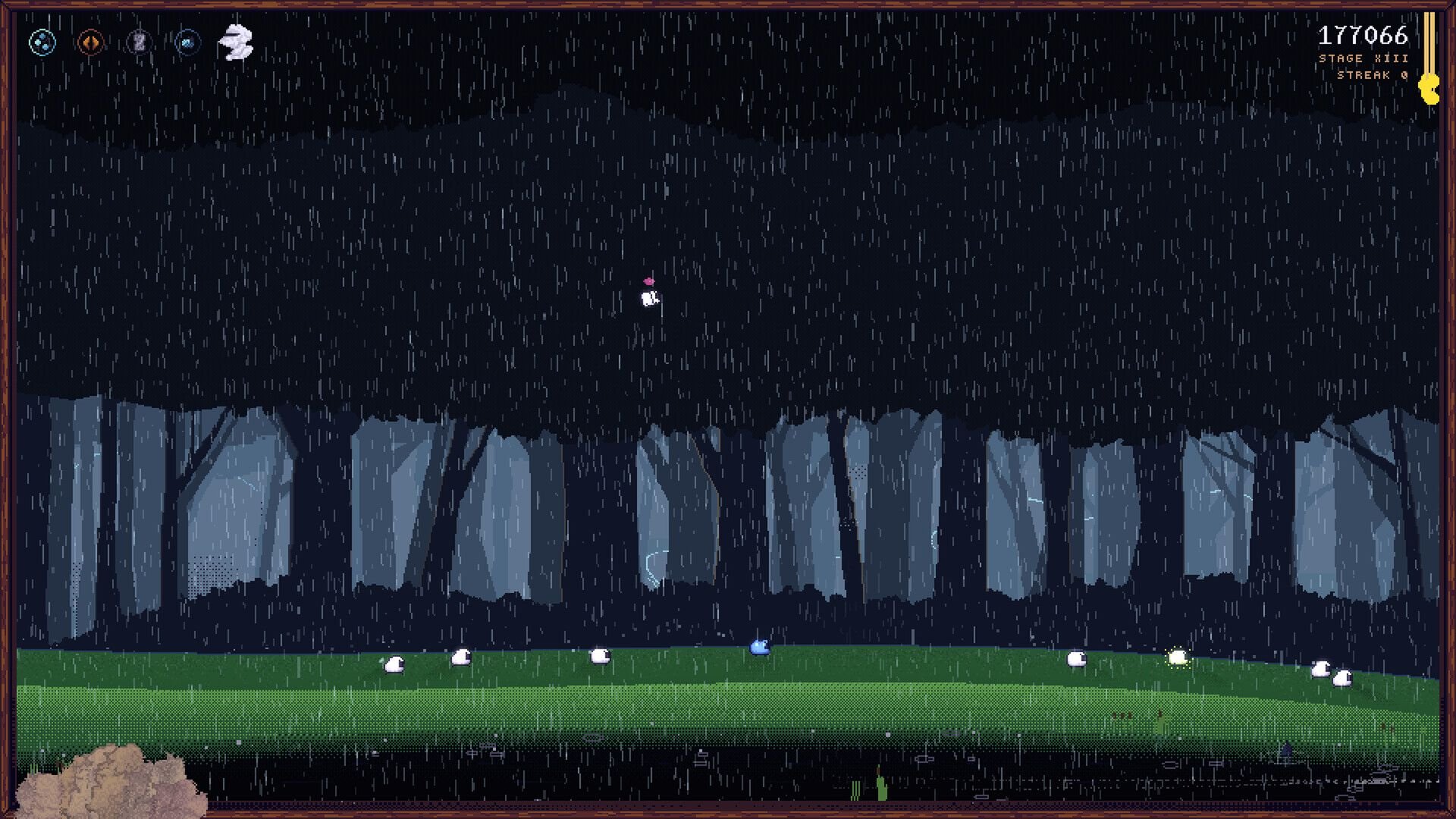 Sheep wander from left to right along a screen, in an overgrown forest in the rain.