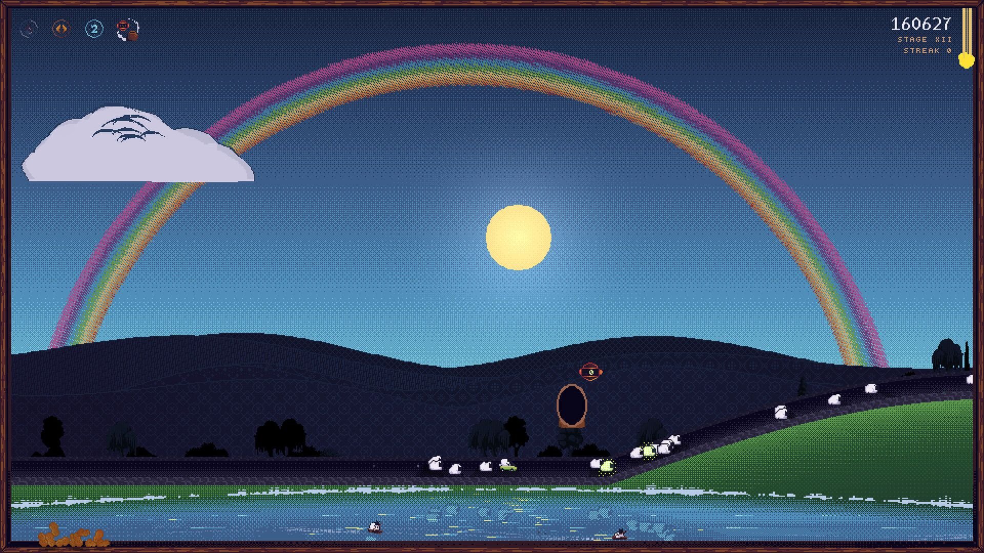 Sheep frolic beneath a blue sky with sunshine and a gentle rainbow.