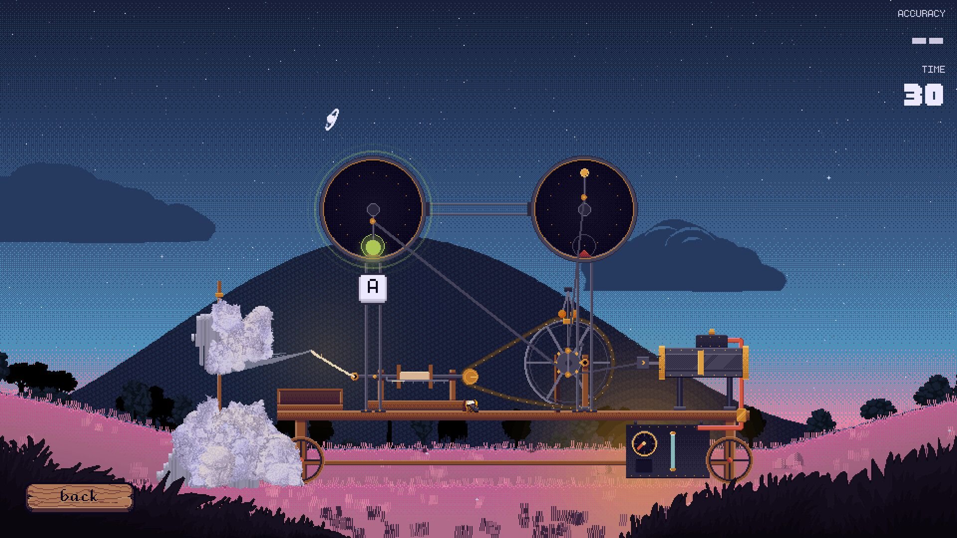 A wheeled, mysterious contraption rolls along a grassy field at sundown.