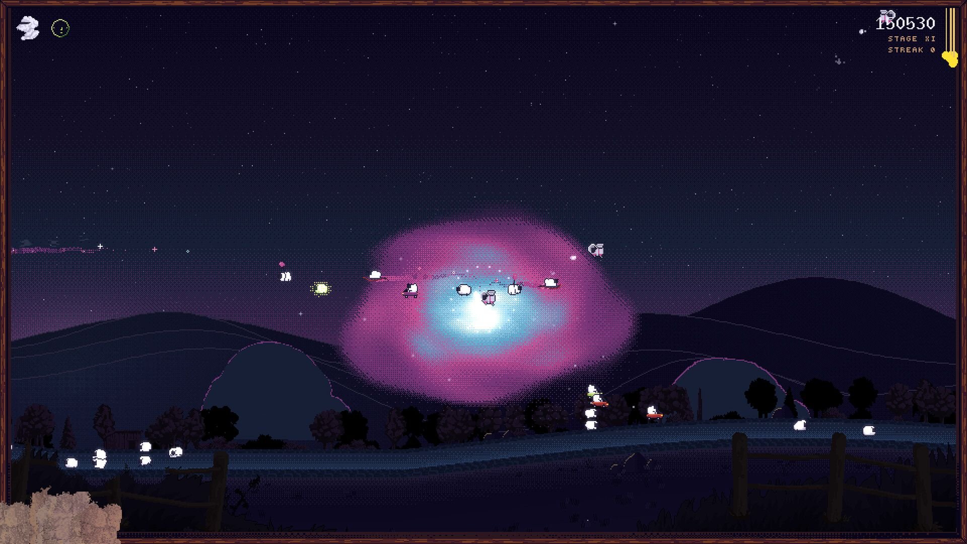 In the darkness, a glowing point of light with a purple aura appears and sheep emerge.