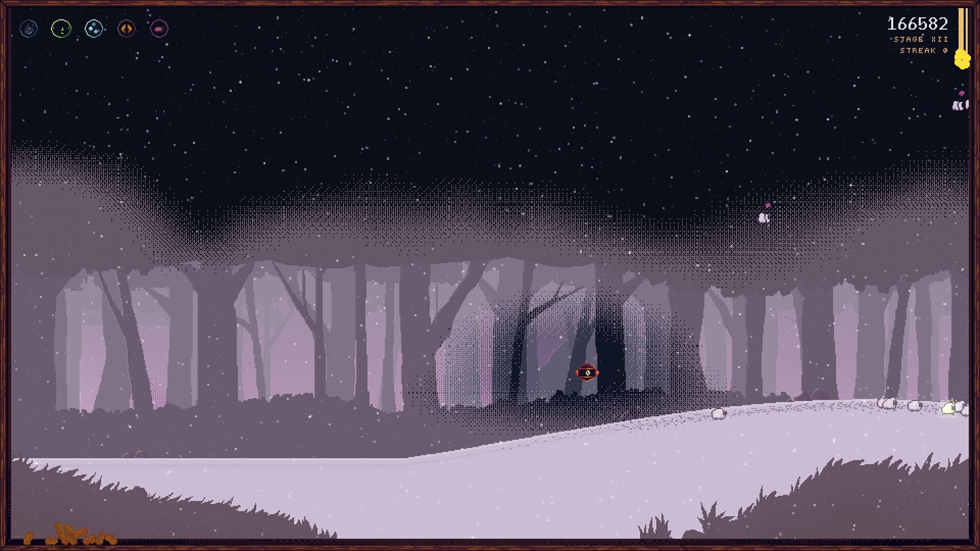 A few sheep are visible, marching through a fog-shrouded forest.