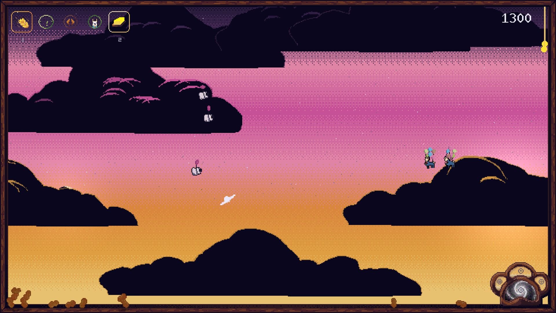 Tiny sheep and llamas float by balloon amidst dark clouds turned into silhouettes.