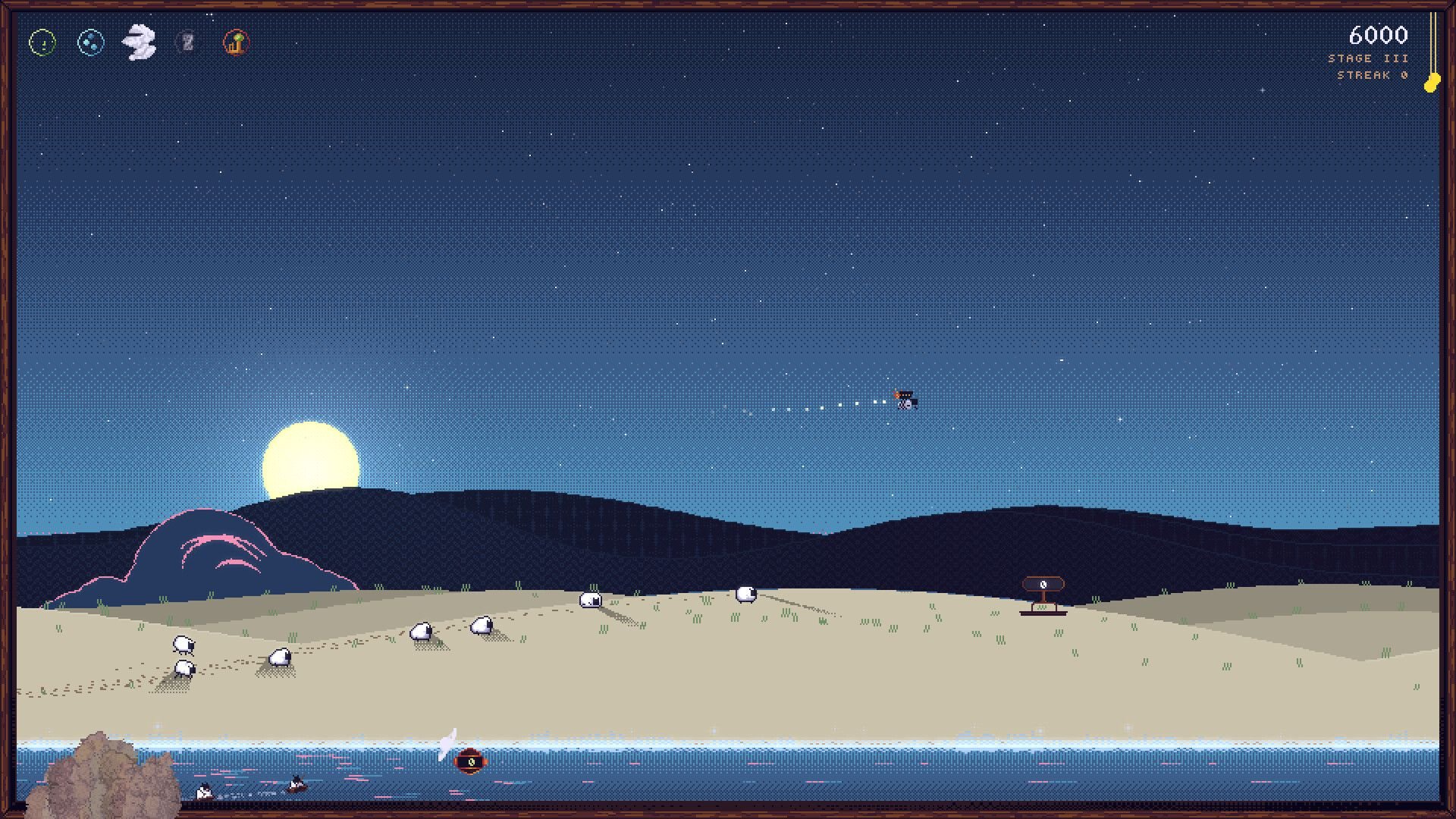 Sheep advance along the ground near a river, but one of them flies overhead with a jetpack.