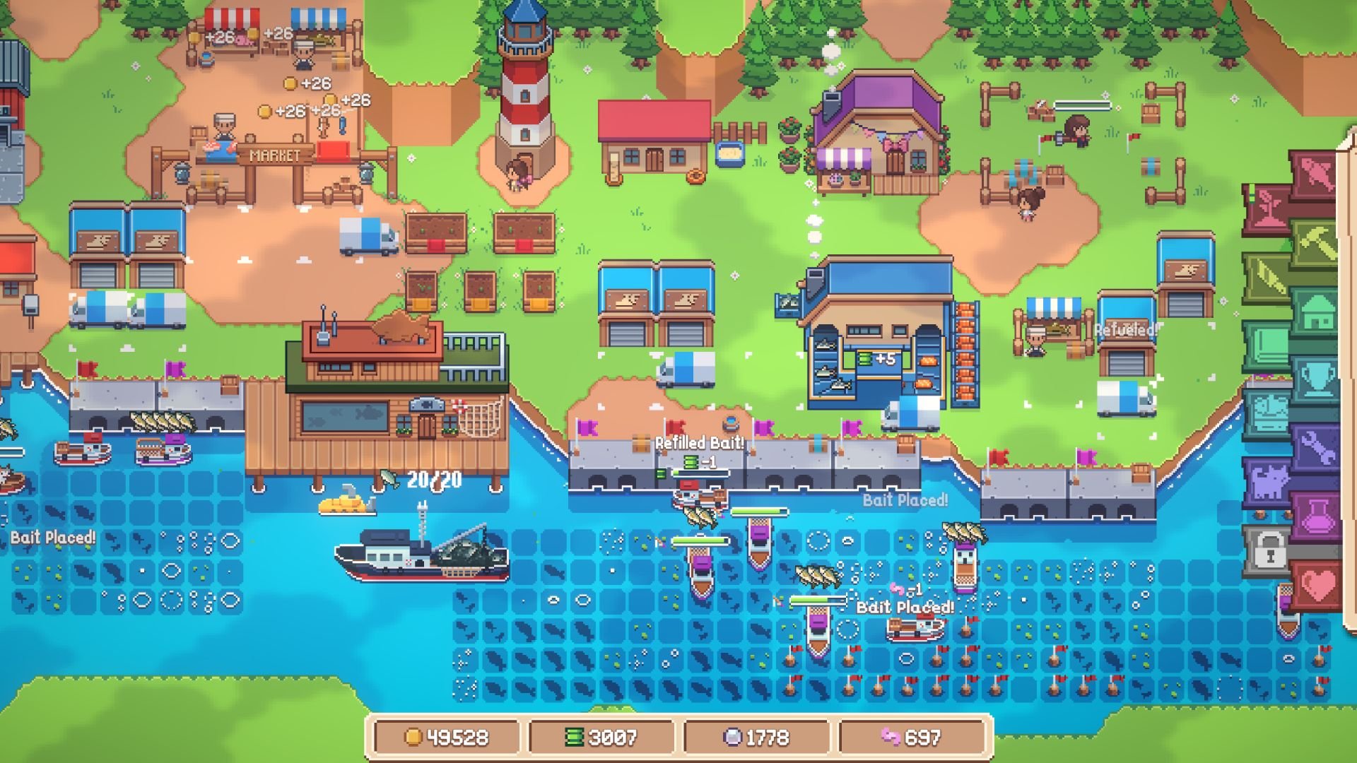 Screenshot depicting a bustling village with a lighthouse and merchant and production stalls, plus boats in the harbor.