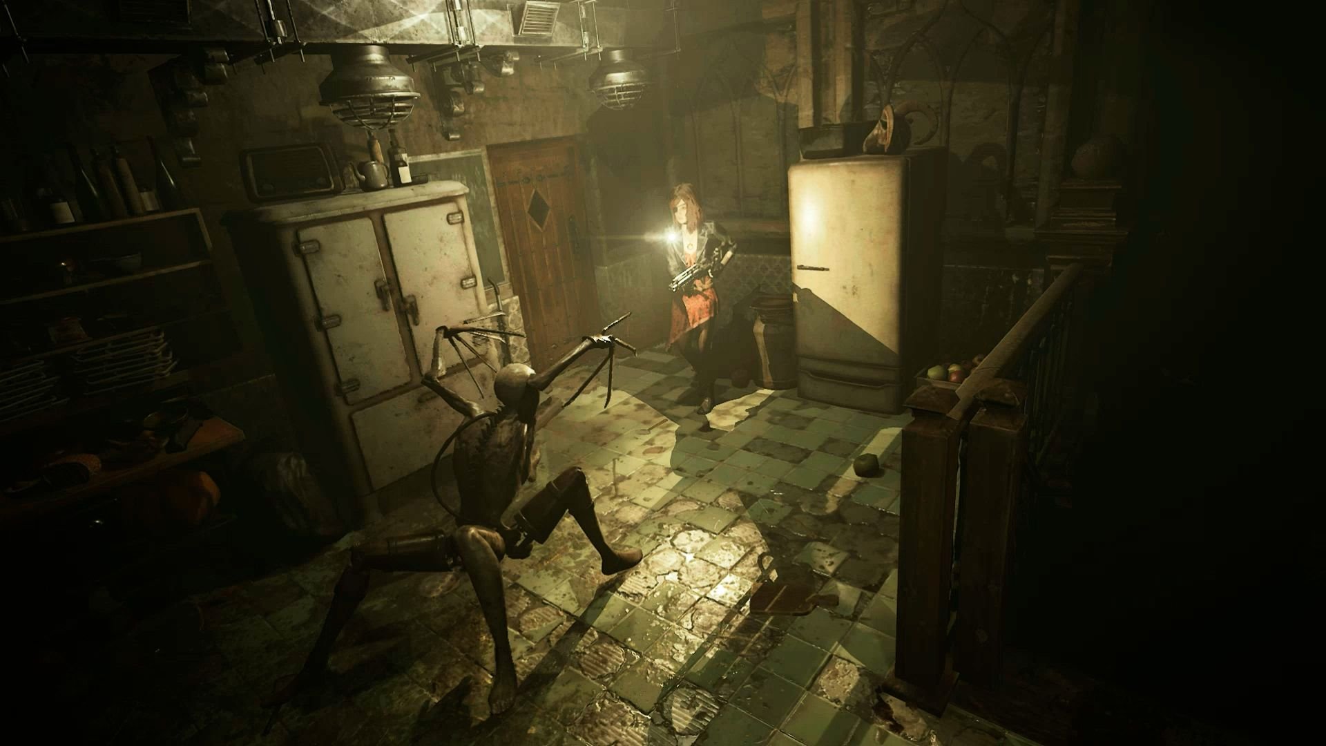 In a storage room with a refrigerator and supply cabinets, Caroline faces a monster on four legs.