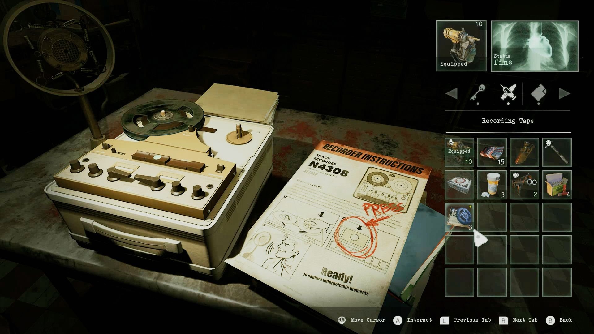 An inventory screen shows a recording device with one reel, along with various healing items on a grid.