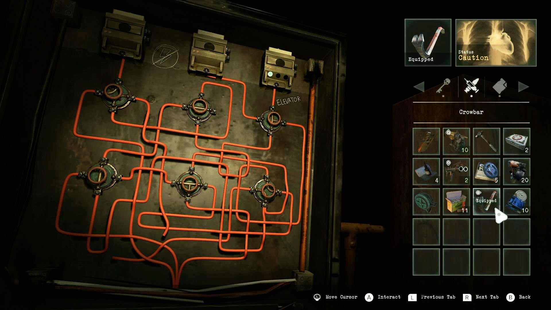 A puzzle features interlacing wires connected to nodes on a metal surface.