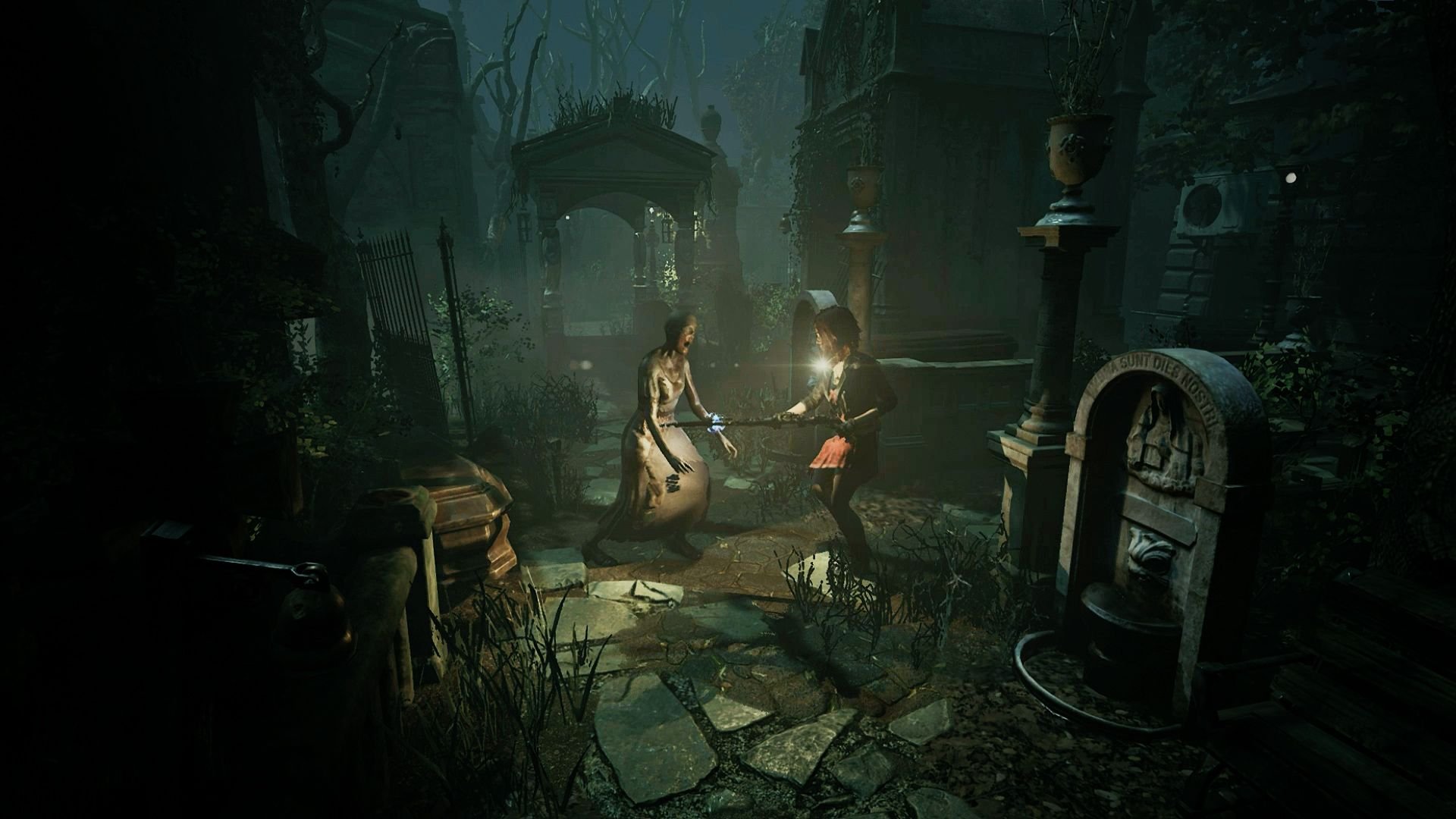 Caroline faces an enemy late at night, in a cemetery with crumbling walkways and a distant crypt.