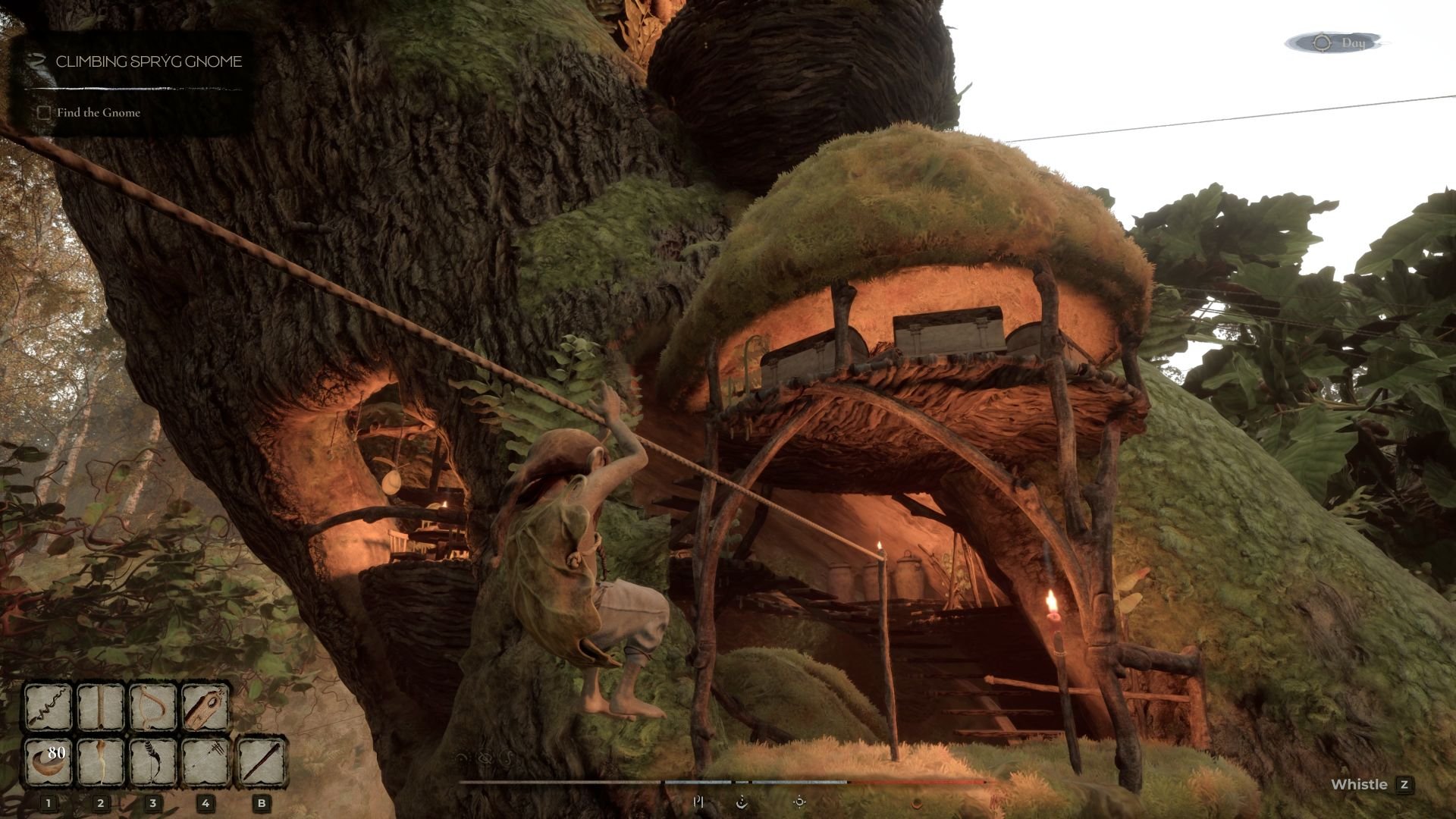 A gnome rides a zipline toward a lower platform, with an opening leading into a gnome building.