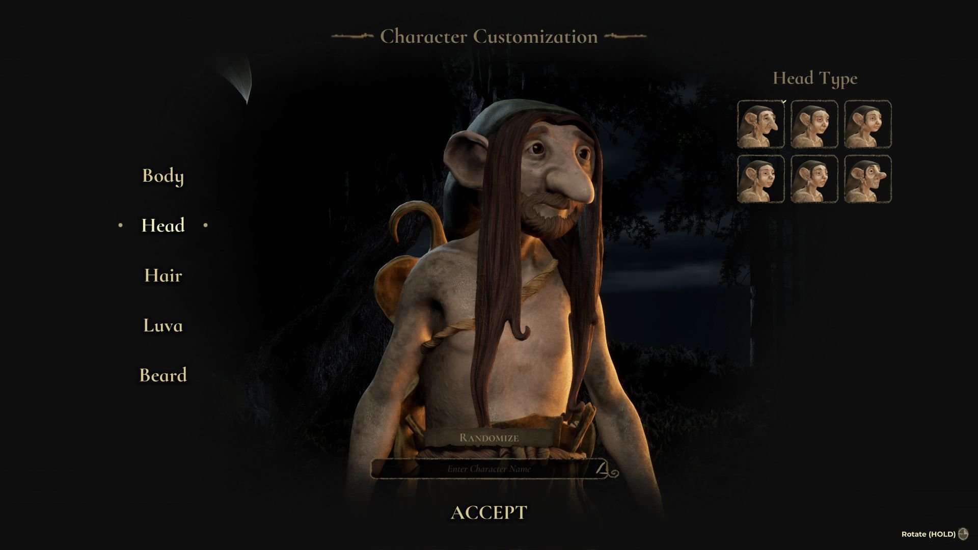 A character customization screen shows a model at the center of the screen, with six possible head types highlighted to its right.