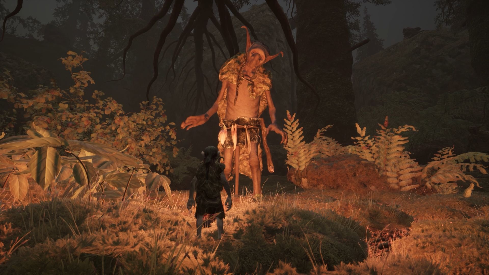 A gnome meets a large creature with long ears and a hideous nose, which regards it with curiosity.