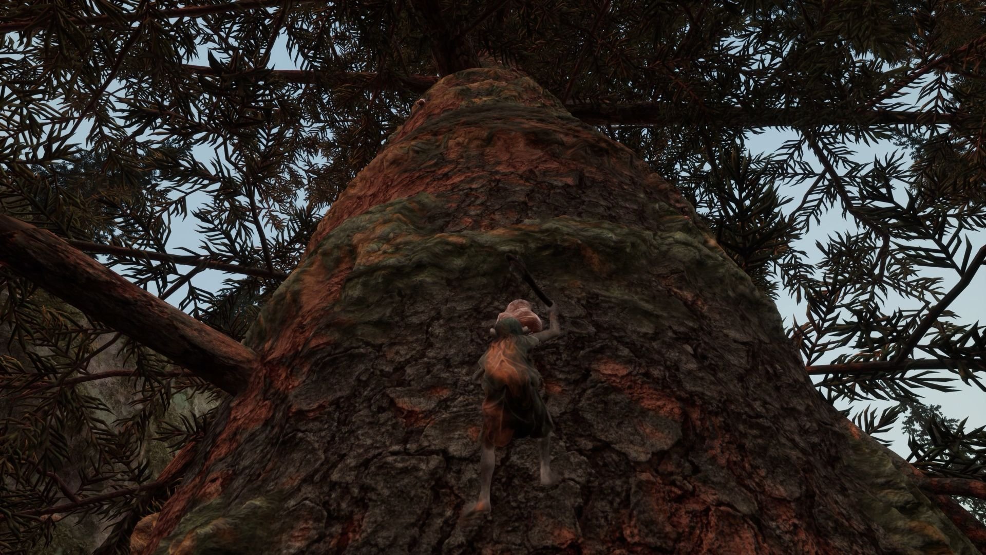 A gnome climbs the trunk of a tree that, compared to the tiny gnome, seems quite massive.