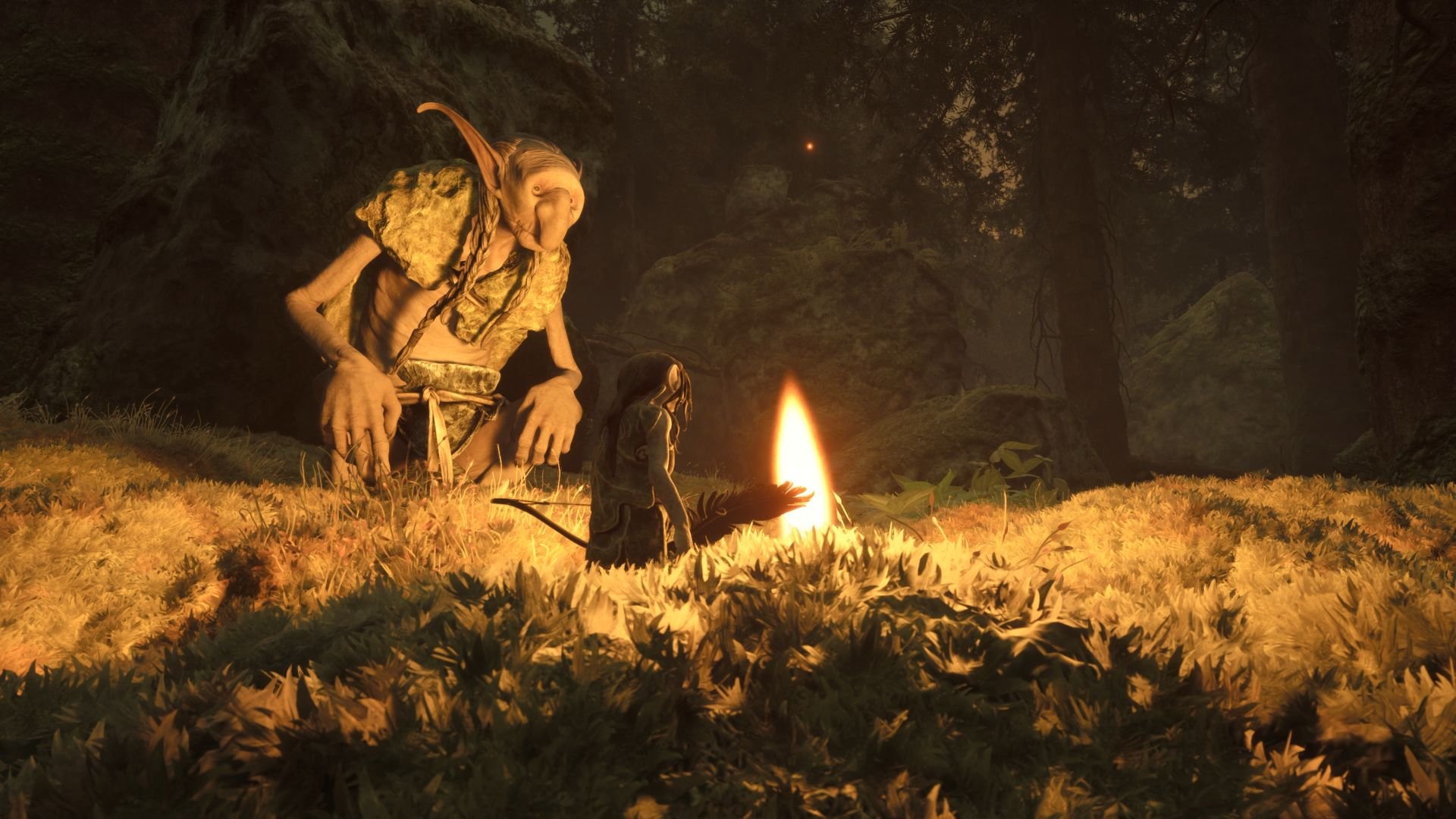 A gnome carrying a bow rests near a fire while a larger creature watches from its left.