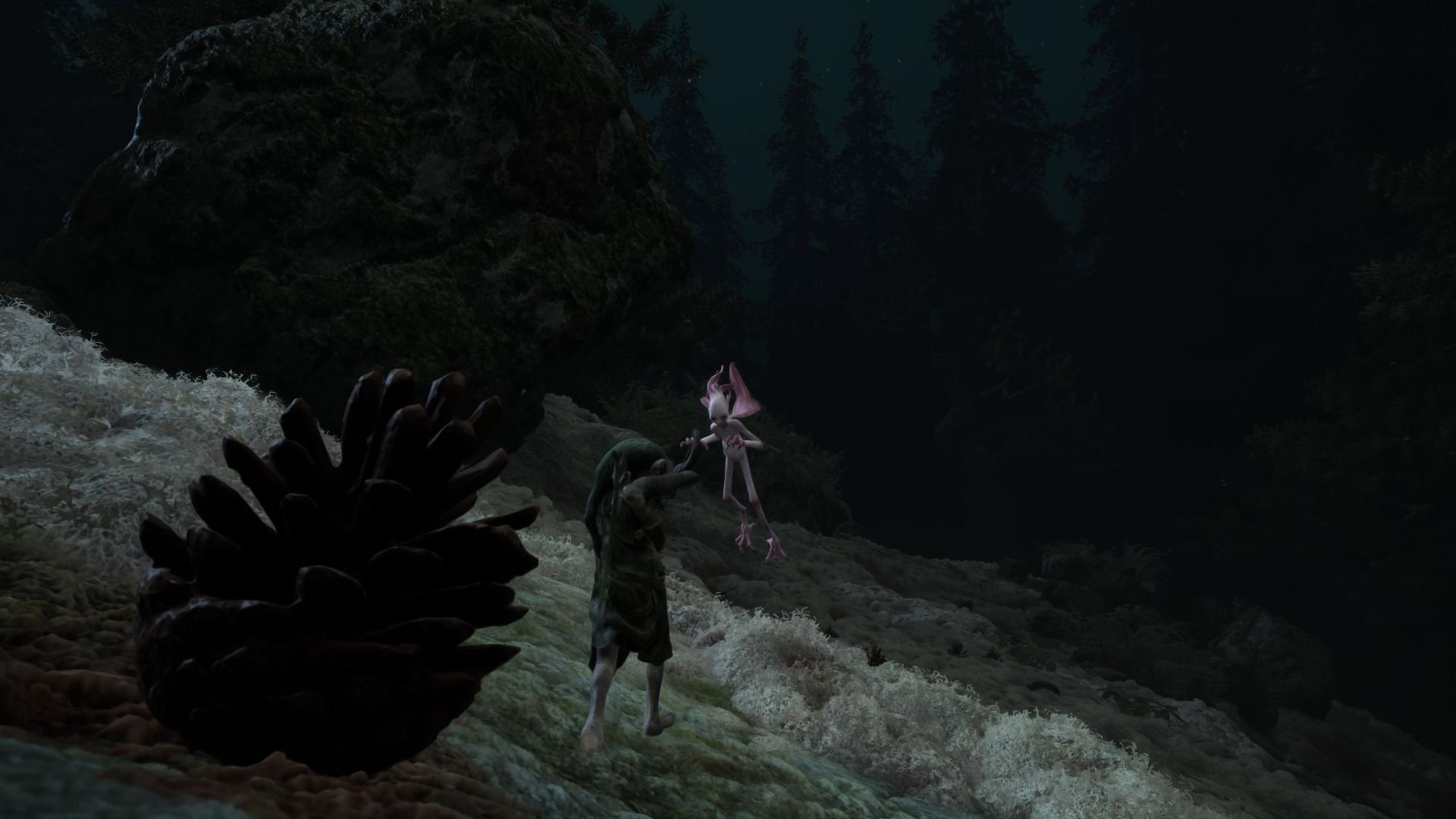 Standing next to a pinecone that's taller than it is, a gnome faces off against a fairy creature.