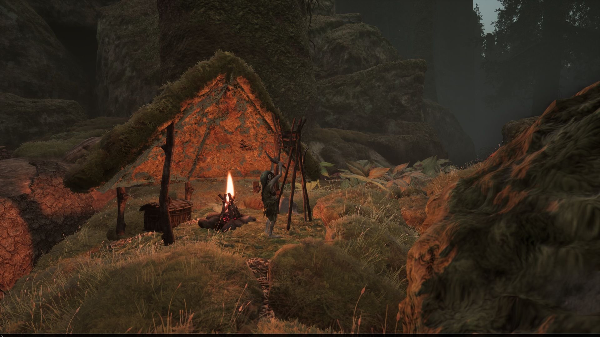 A view of a gnome reaching up toward hide stretched across from sticks, in front of its humble abode in the forest.