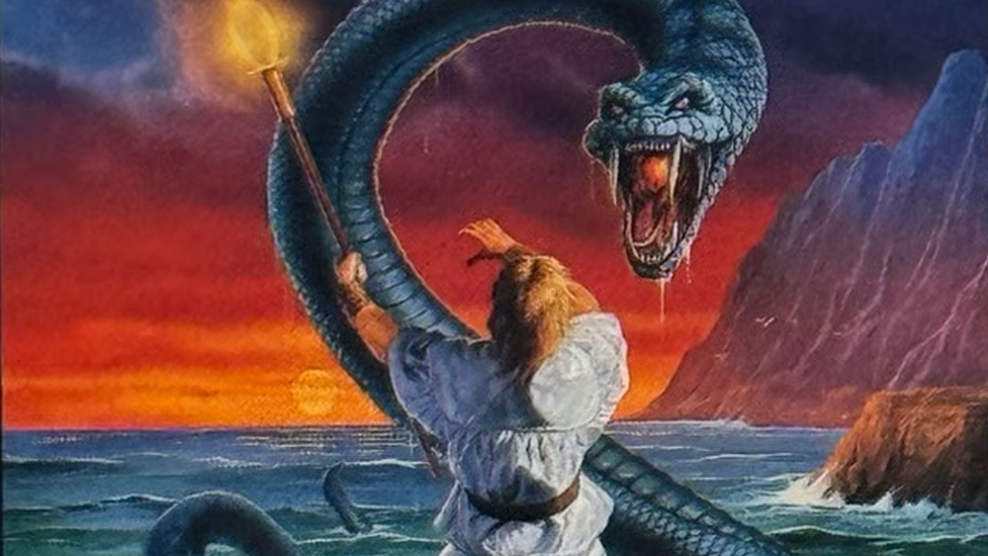 Cropped cover art from Ultima: Quest of the Avatar (NES) shows the avatar battling a sea serpent.
