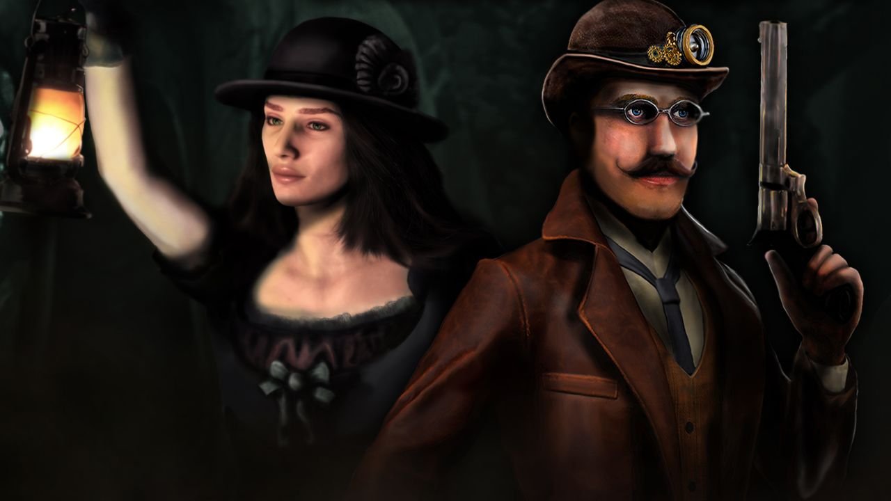 A closeup view, wherein a woman holds a lantern aloft and looks left while a man with a snazzy mustache and spectacles looks right.