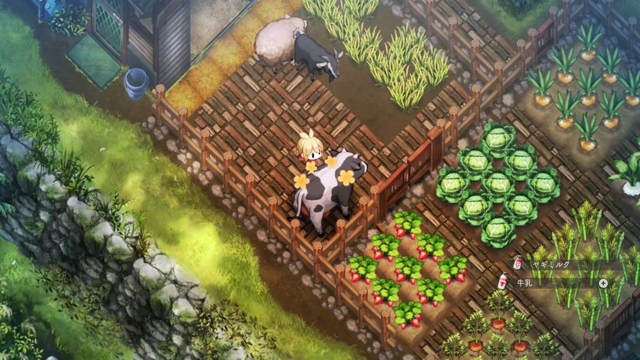 Viewed from overhead, a blonde farmer tends to her cow in the middle of a garden.