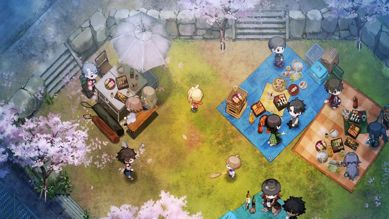 Characters have a picnic on blankets and at a table, near the edge of a walled garden space.