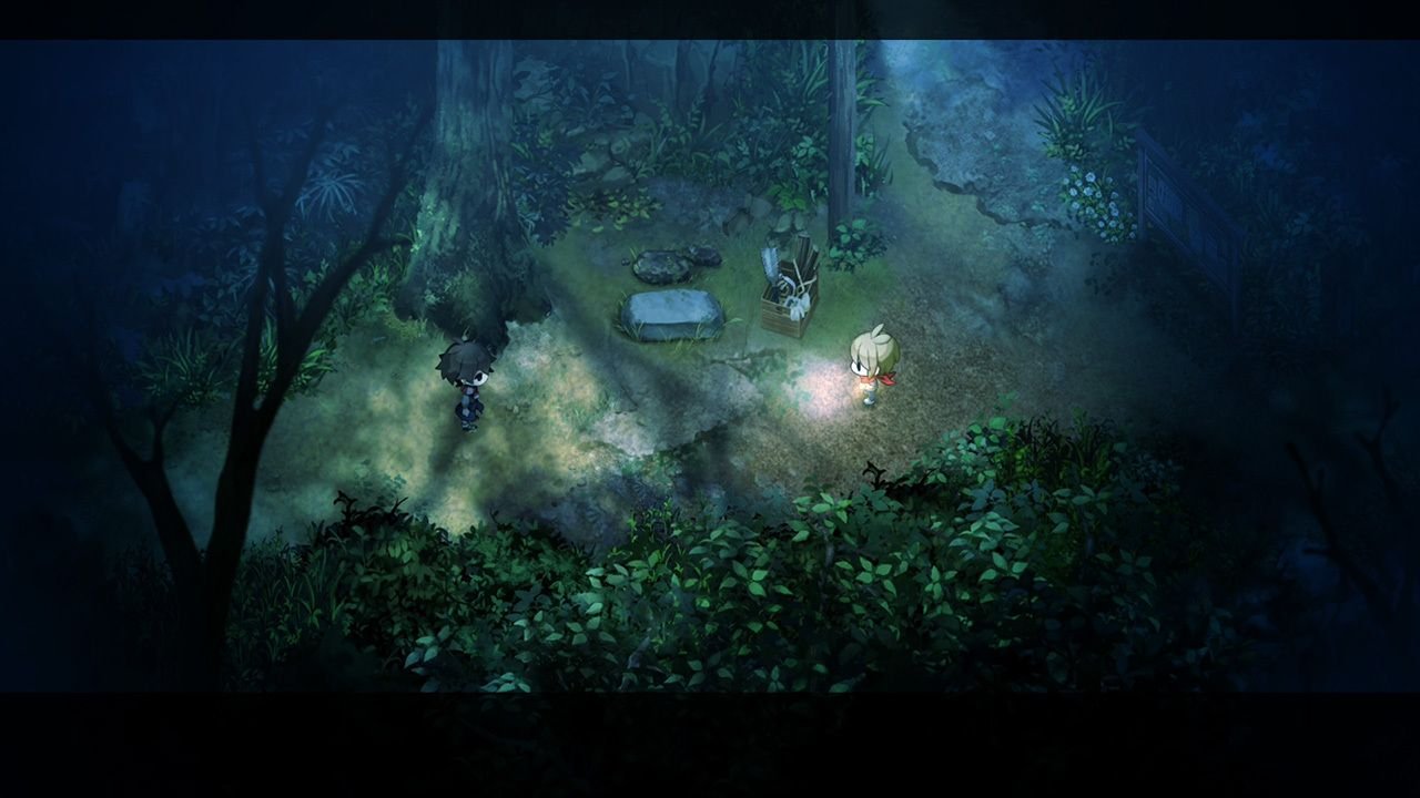 Two characters stand facing each other in a mist-shrouded forest at night.