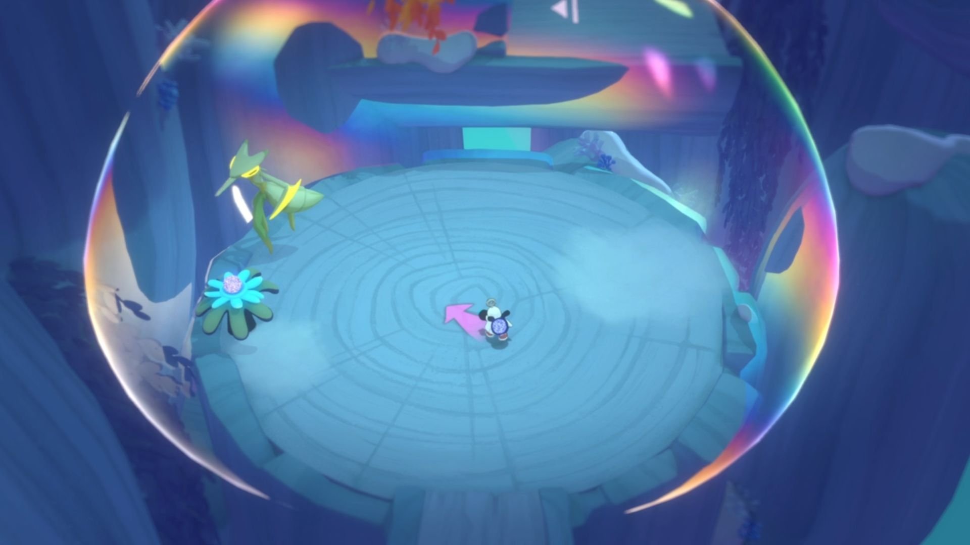 Waltz and Jam look tiny on a circular stump as they approach a creature that looks like an enormous preying mantis.