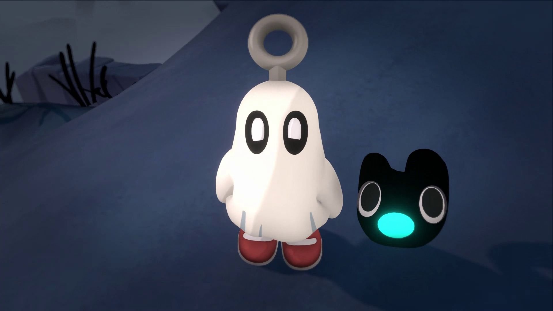 A closeup of Waltz in his sheet, with Jam the spirit puppy beside him.