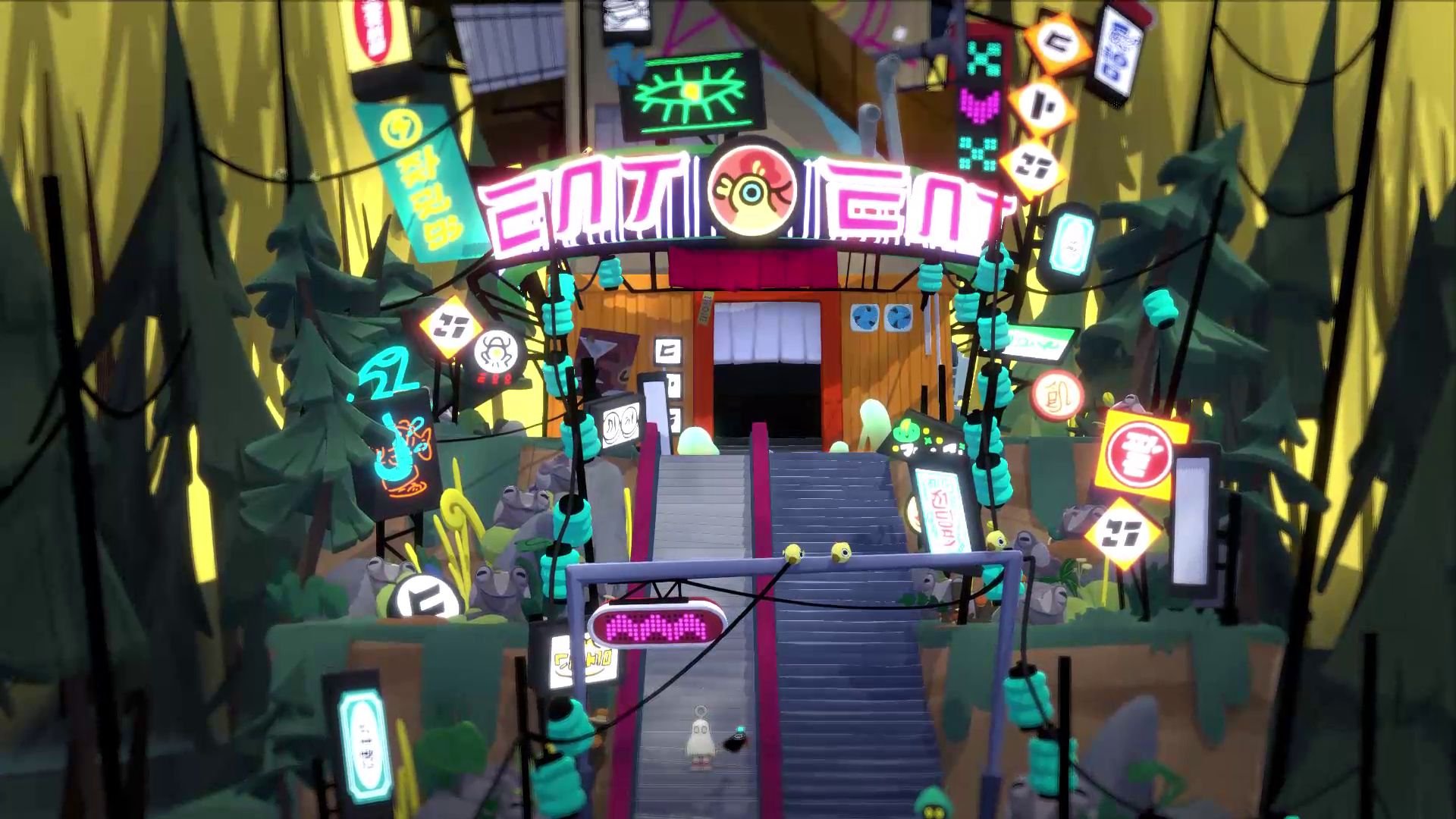 Waltz and Jam stand near the base of a steep staircase, beneath a building with a chicken mascot on a sign above its door.